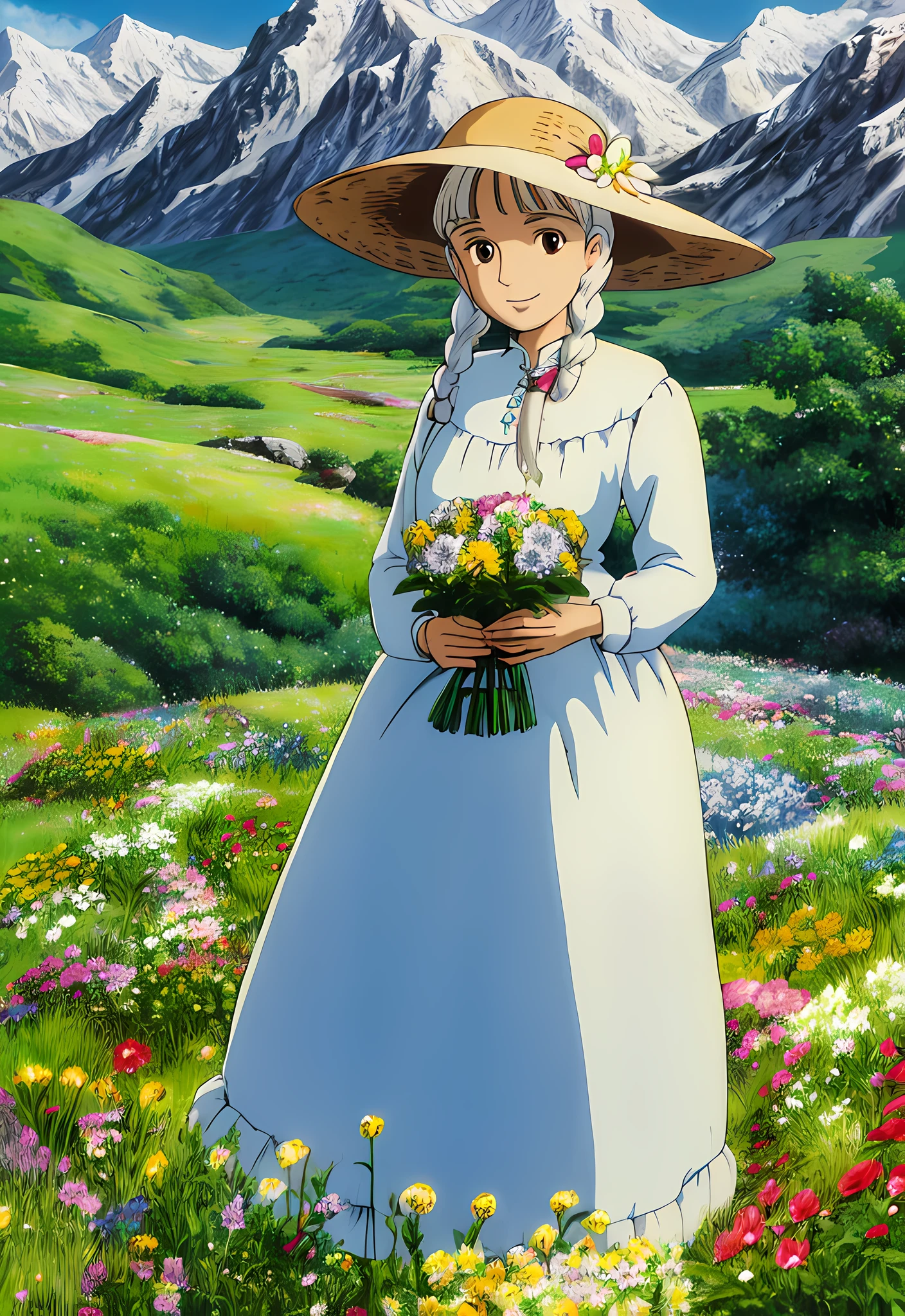 ghibli style,(mature),woman,thin brown eyes,snowy mountains,masterpiece,flower field,flowers,holding flowers,sophie,(straight hair),white hair,smile,plain blue dress,high collar,beige sunhat with ribbon,(full body:0.6),one long braid,(solo),Wispy Bangs :1