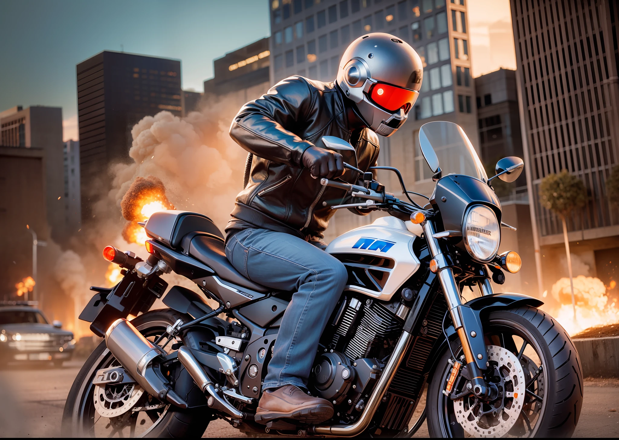 terminator in moto, explosions behind