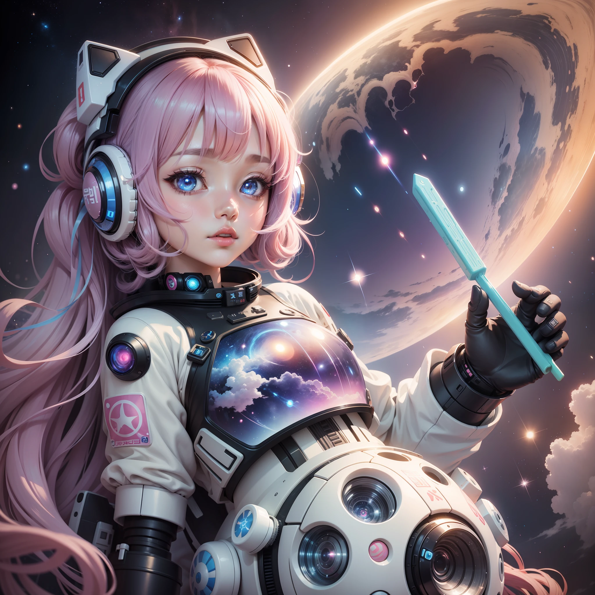 Anime Illustration 8K Outer Space Harajuku Takeshita Street Popsicle Decoration Swirls in the sky, beautiful woman in robot suit, cute eyes, long luminescent hair, lip gloss, RAW image Band-shaped particles