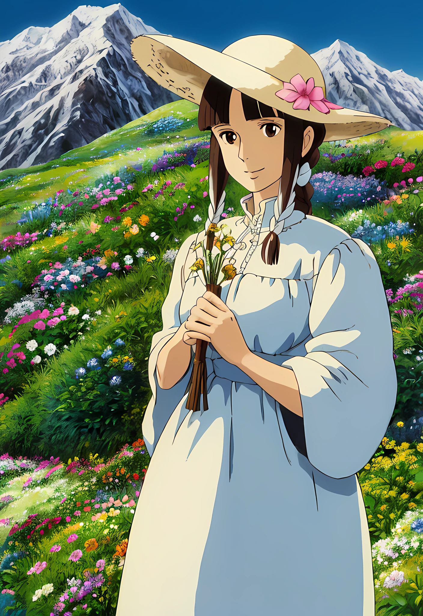 ghibli style,(mature),woman,thin brown eyes,snowy mountains,masterpiece,flower field,flowers,holding flowers,sophie,(straight hair),white hair,smile,plain blue dress,high collar,beige sunhat with ribbon,(full body:0.6),one long braid,(solo),Wispy Bangs :1