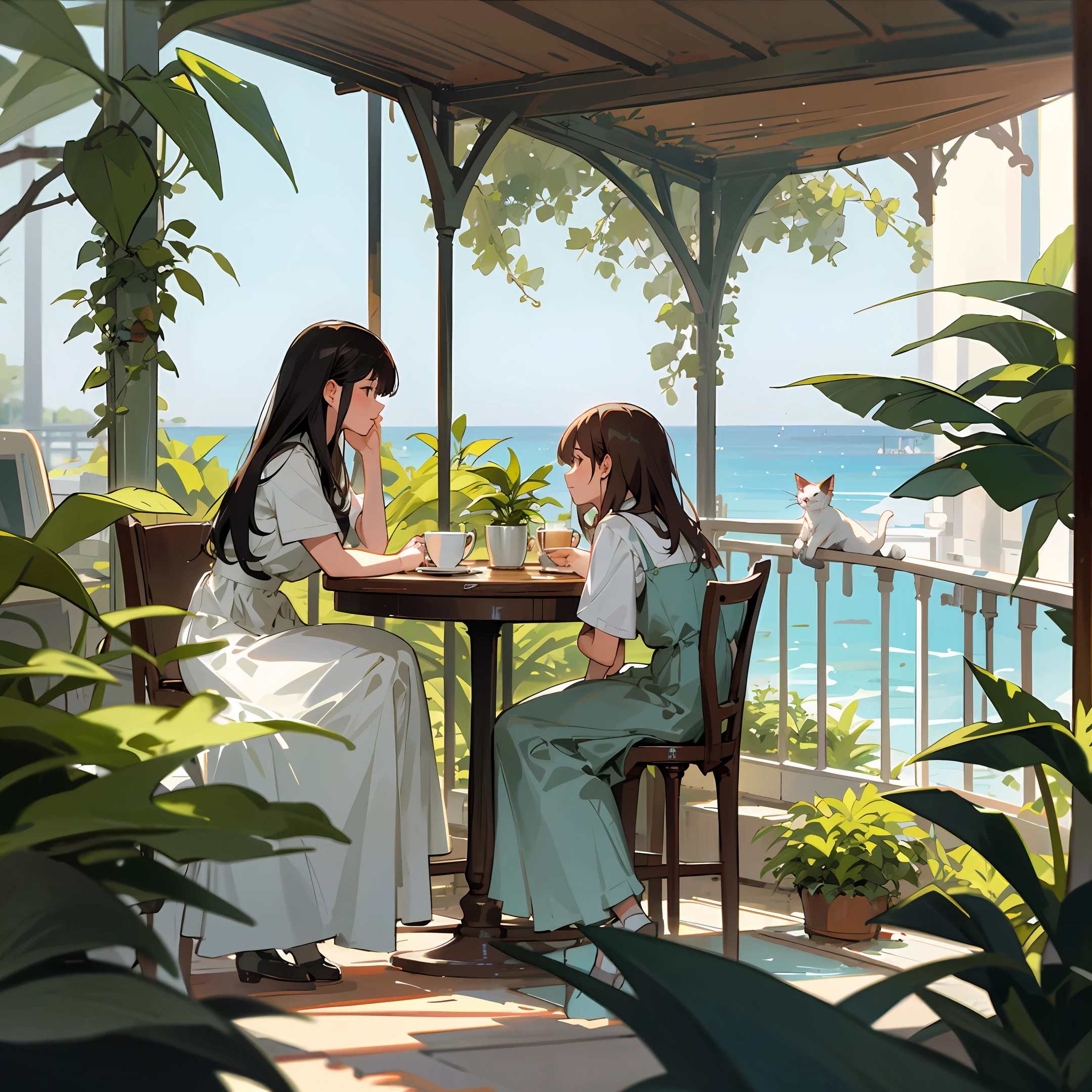 Real, delicate, a café, cats, plants, tables, the sea, two girls drinking coffee