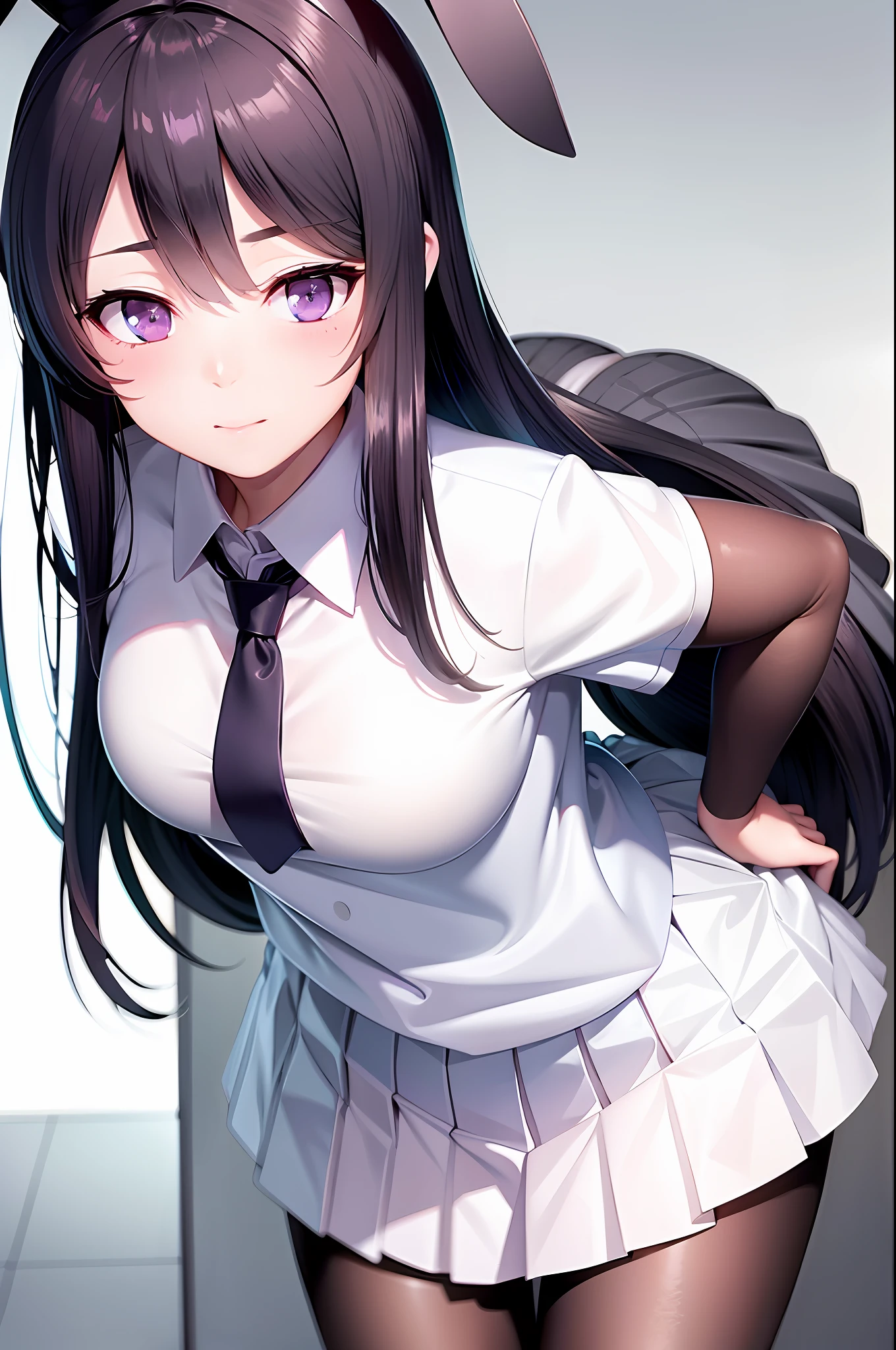 School uniform, white shirt, pantyhose, pleated skirt, tie, rabbit ears, Mai sauce, faint smile, mid_breats, best quality, behind arms, leaning forward