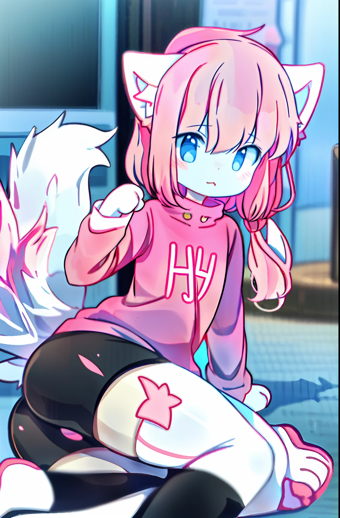 anime boy with a pink shirt, half nude, and a pink cat, fursona!!!!, female furry mini cute style, cute anime catboy, furry fursona, furry art!!!, holo is a wolf girl, furry furaffinity, fursona art, nyaruko-san, female fursona, nekomimi, anime catboy, fursona commission, solo, thick_thighs, wide_hips