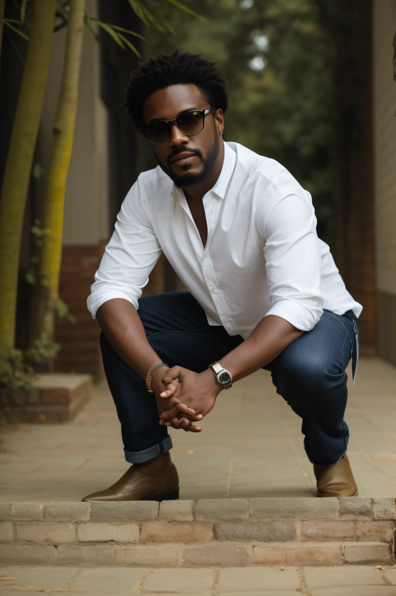 there is a man kneeling on a brick step with his hands clasped, stylish pose, photoshoot, actor, with a cool pose, press photos, rodney matthew, by Malvin Gray Johnson, high-res, high - res, by Dietmar Damerau, high res, photo shoot, doing an elegant pose, sitting down, portrait pose