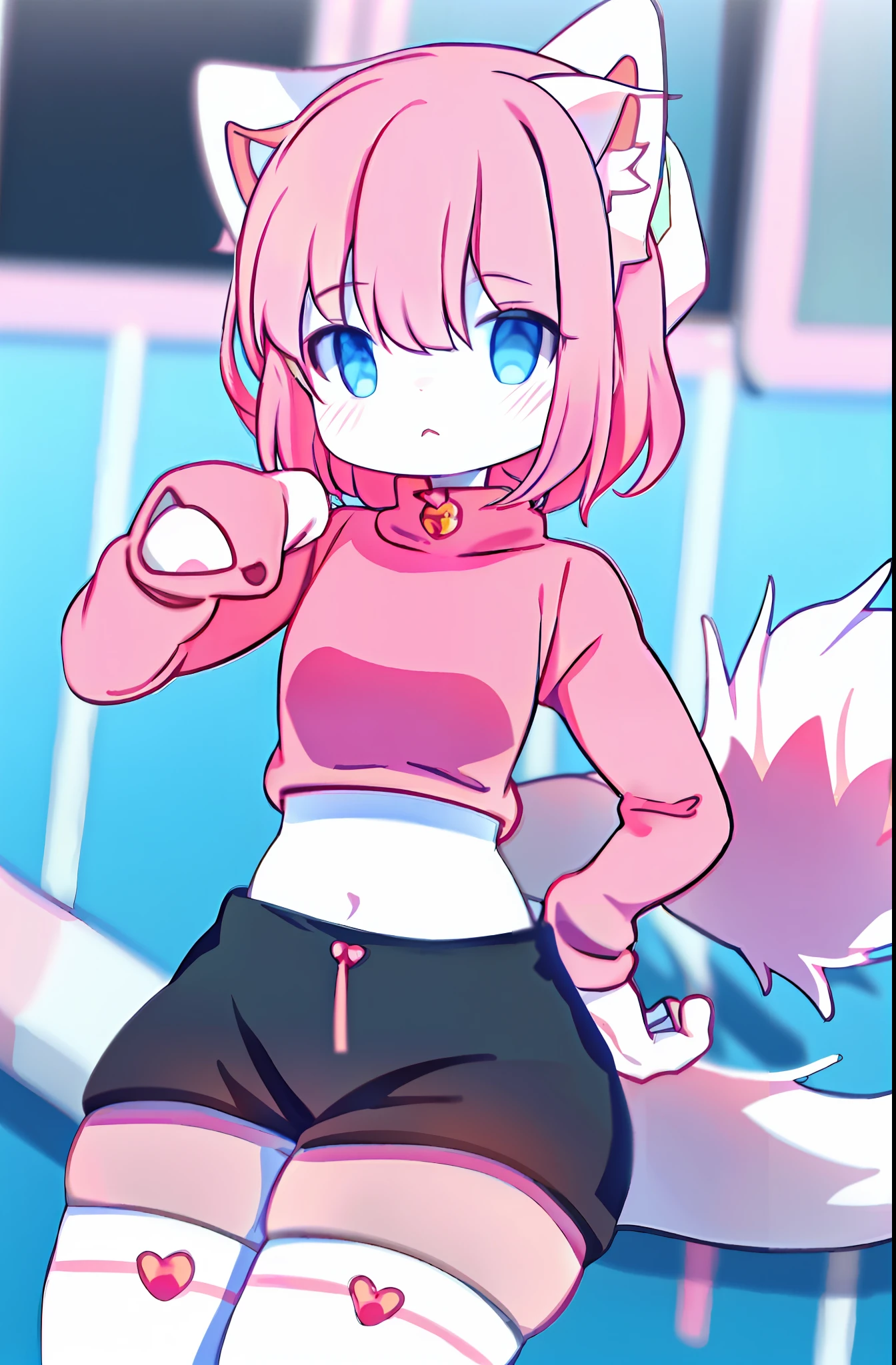 anime boy with a pink shirt, half nude, and a pink cat, fursona!!!!, female furry mini cute style, cute anime catboy, furry fursona, furry art!!!, holo is a wolf girl, furry furaffinity, fursona art, nyaruko-san, female fursona, nekomimi, anime catboy, fursona commission, solo, thick_thighs, midriff