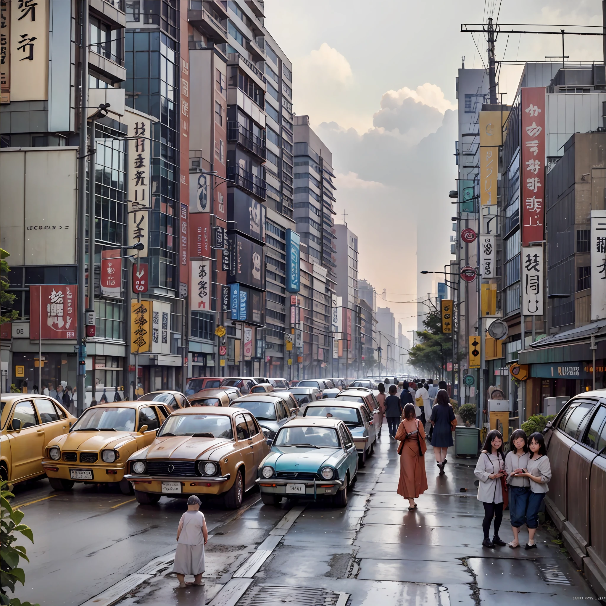 Futuristic city seen from the 1970s, photo of Tokyo, people in 1970, printing in the 1970s, nostalgic, vintage, color photo, realistic photo, high image quality, cloudy, dirty, rust, ultra-realistic expression, --auto --s2