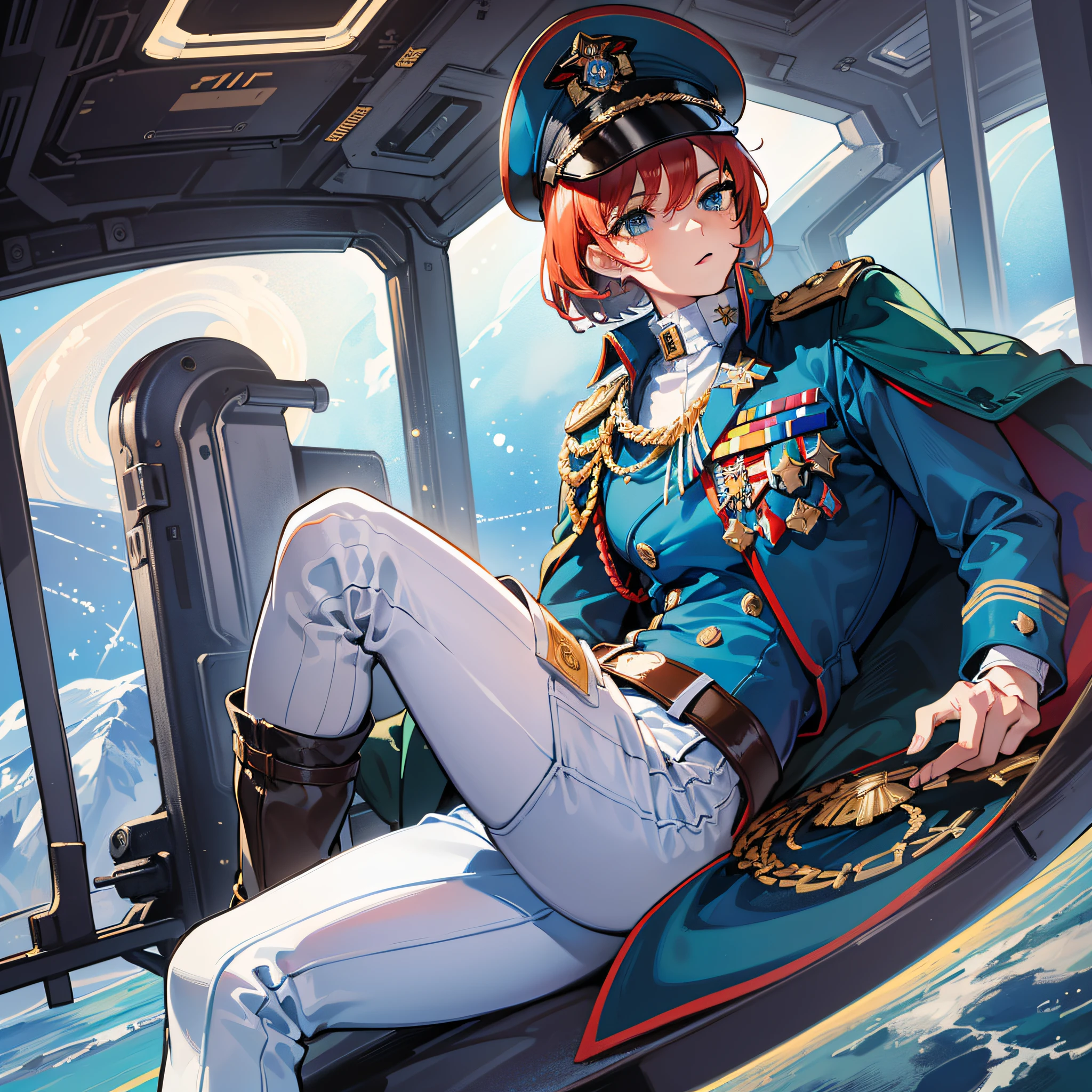 ((Masterpiece)), ((Highest Image Quality)), ((Best Quality)), (Illustration of One Girl), Full Body, 25 Years Old, Short Red Hair, (Thin Hair on Both Sides of Face), Blue Eyes, (((Tall)), ((Muscular Strong Body)), ((Manspreading)), Open Legs, (((Military Uniform)), (Military Hat)), (Military Coat)), (White Clothes), (White Pants), (White Hat), Trench coat, ((inside the spaceship)), (outside the window, space, Earth seen from space)