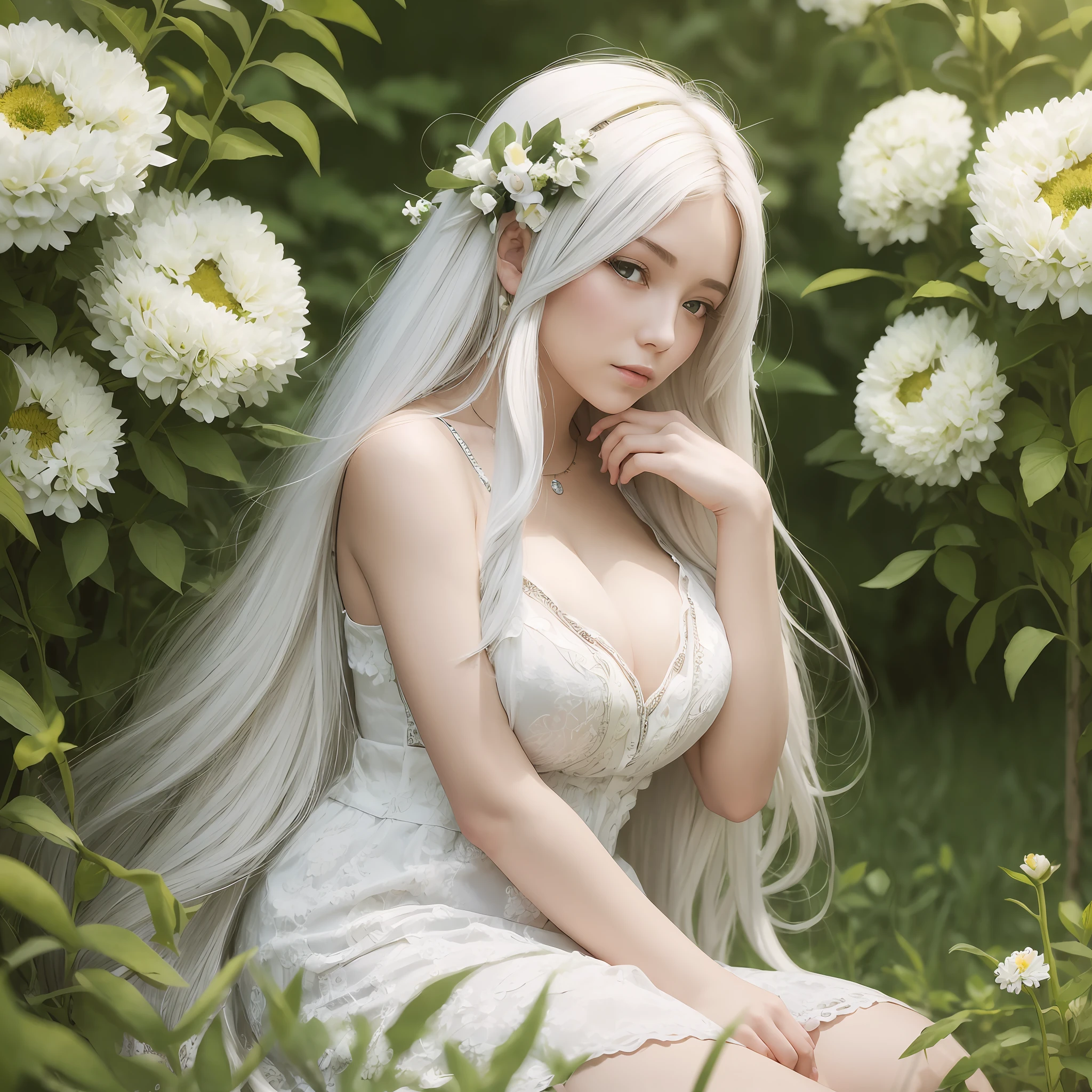 (masterpiece, best quality),1girl with long white hair sitting in a field of green plants and flowers, her hand under her chin, warm lighting, white dress, blurry foreground, large breast, plump boobs --s2