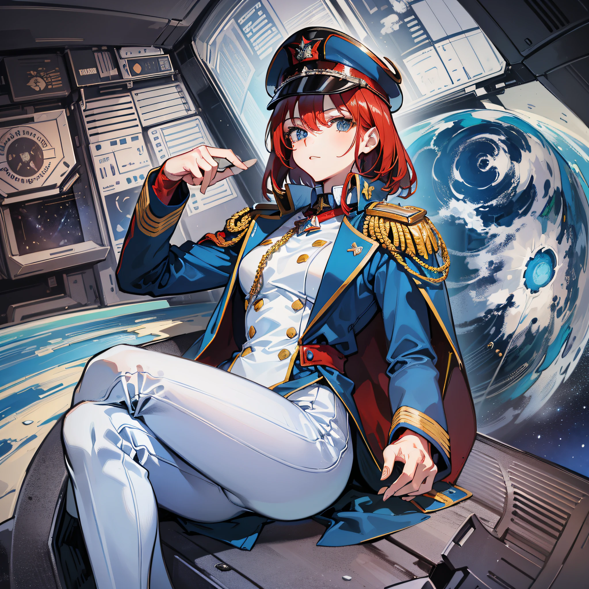 ((Masterpiece)), ((Highest Image Quality)), ((Best Quality)), (Illustration of One Girl), Full Body, 25 Years Old, Short Red Hair, (Thin Hair on Both Sides of Face), Blue Eyes, (((Tall)), ((Muscular Strong Body)), ((Manspreading)), Open Legs, (((Military Uniform)), (Military Hat)), (Military Coat)), (White Clothes), (White Pants), (White Hat), Trench coat, ((inside the spaceship)), (outside the window, space, Earth seen from space)