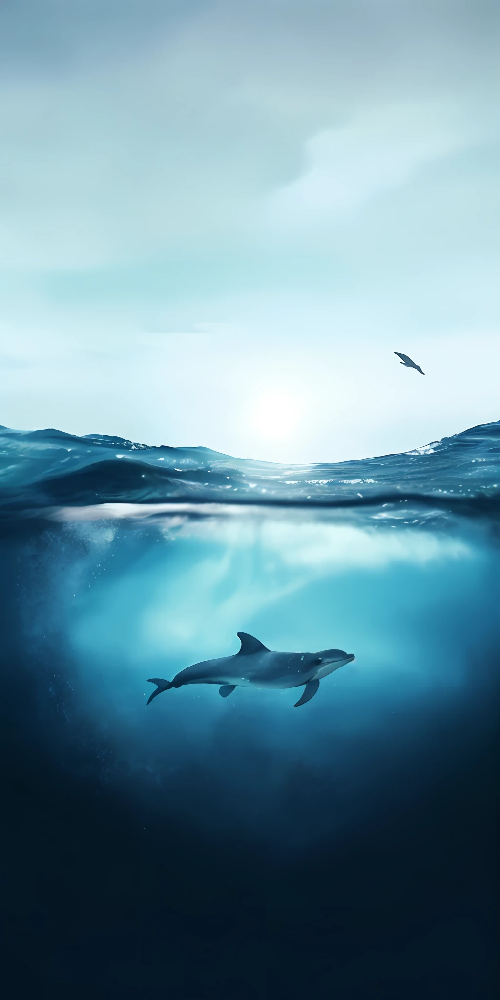 there is a dolphin swimming in the ocean with a bird flying overhead, amazing depth, dolphin swimming, incredible depth, middle of the ocean, rising from ocean, rising up from ocean, dolphins swimming, dolphin, ocean background, sharks surfacing from the lake, in the ocean, wild ocean background, an ocean, swimming through the ocean, deep underwater scene