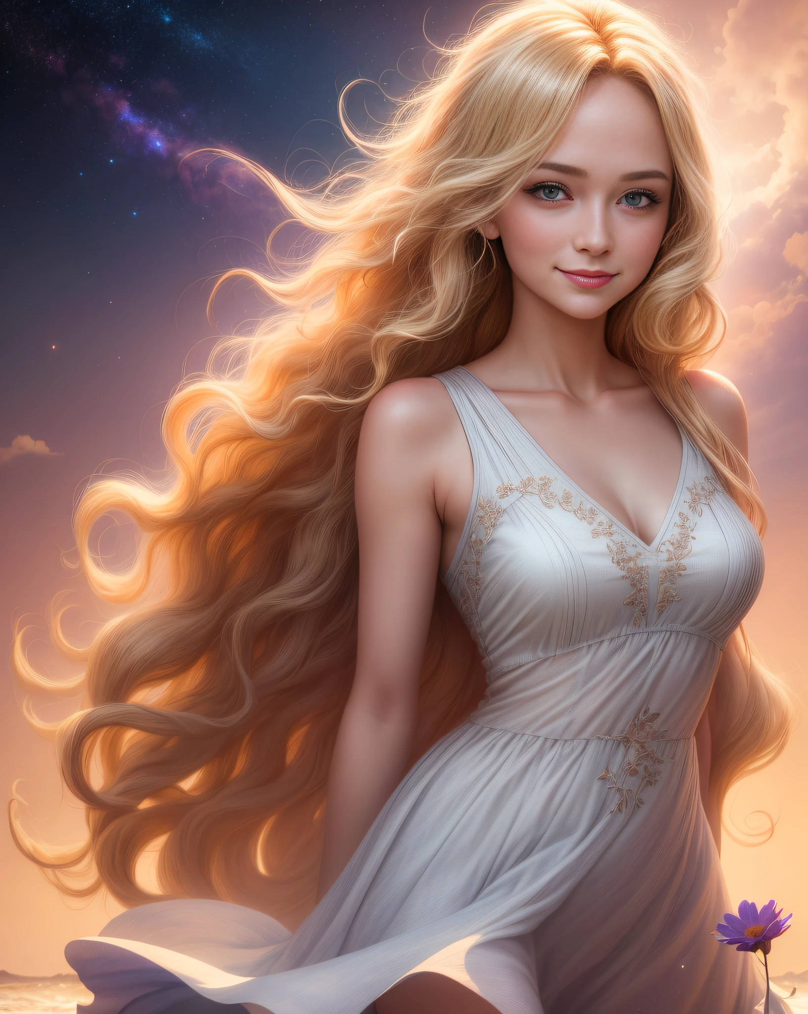 (best quality, masterpiece), young woman, pose, happy, particle, wind, flower, upper body, simple background, looking at viewer, long curly windblown blonde hair, galaxy,backlit,rimlight,beautiful artwork,perfect composition