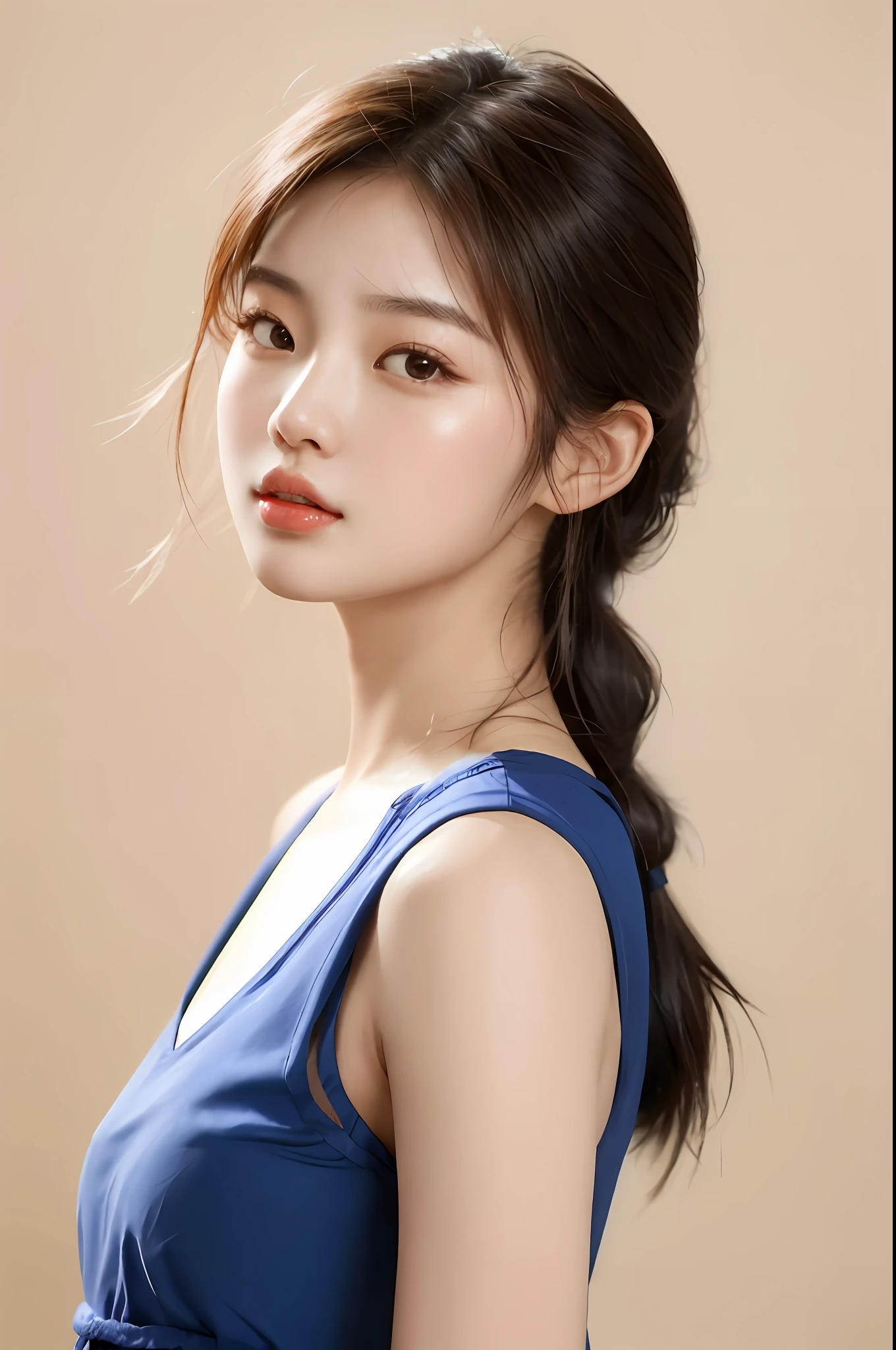 a close up of a woman with a ponytail in a blue dress, young cute wan asian face, beautiful south korean woman, bae suzy, realistic. cheng yi, young adorable korean face, gorgeous young korean woman, beautiful young korean woman, beautiful young girl, xintong chen, xision wu, cute korean actress, gorgeous chinese model, beautiful girl model, by Xia Yong