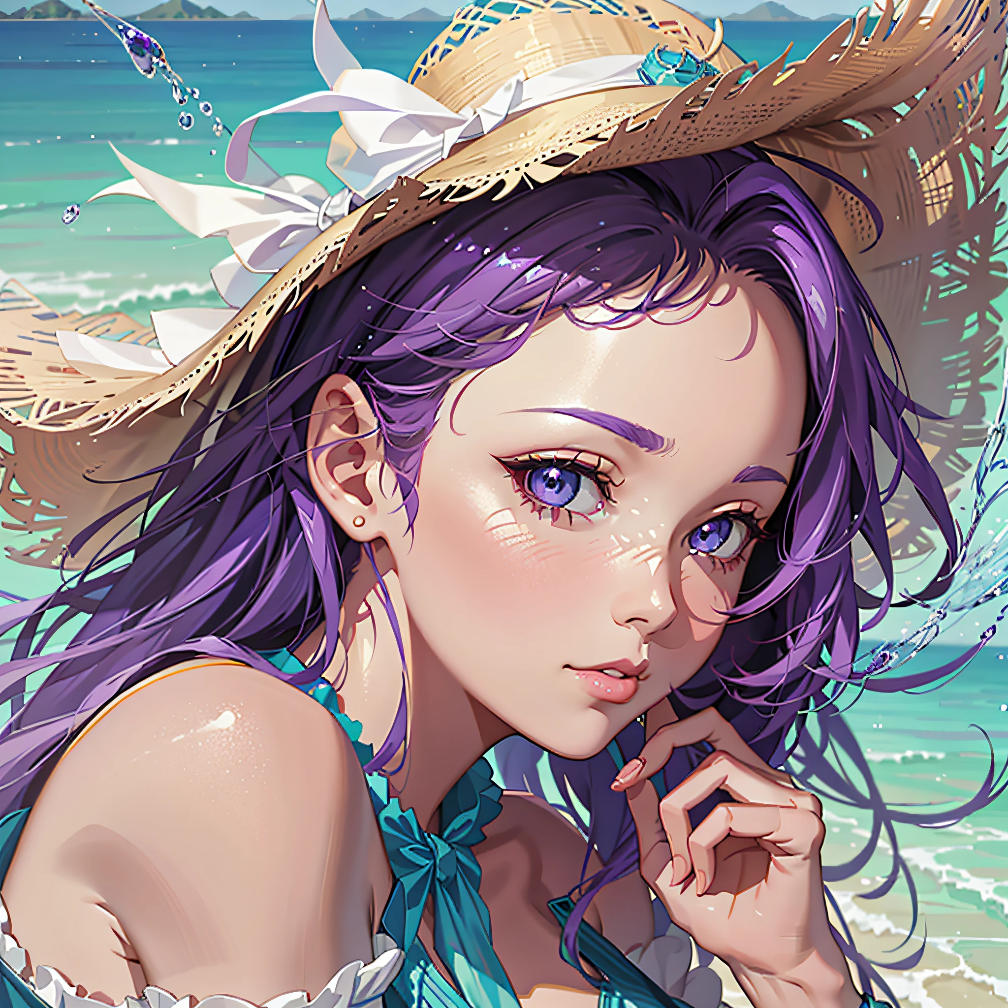 there is a woman with purple hair wearing a hat and a blue dress, artwork in the style of guweiz, detailed digital anime art, beautiful anime portrait, beautiful digital illustration, ig model | artgerm, beautiful digital artwork, kawaii realistic portrait, artgerm. anime illustration, guweiz, deviantart artstation cgscosiety, ross tran 8 k