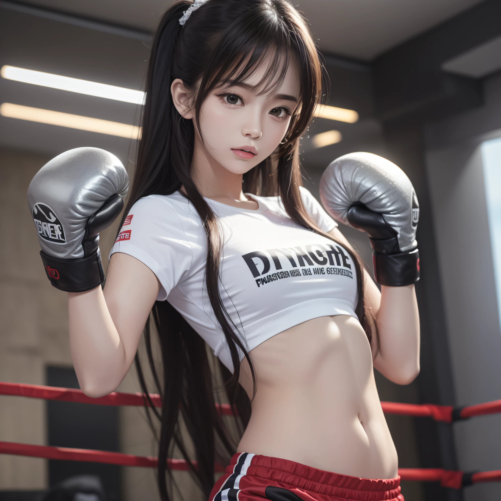 masterpiece, top quality, (realistic, photorealistic: 1.4), (RAW photo: 1.2), very elaborate CG Unity 8K wallpaper, very delicate and beautiful, wonderful, attention to detail, official art, absurdity, incredibly ridiculous, huge file size, very fine, very elaborate, beautiful eyes and face, beautiful elaborate eyes, light on the face, one girl, Long Hair, (Pom) Navel, Upper Body, PE uniform Short Sleeved navel-baring T-Shirt, Boxing Gloves, Bare Arms, Bangs, Boxing Gym, Boxing Ring, ULZZANG-6500-v1.1