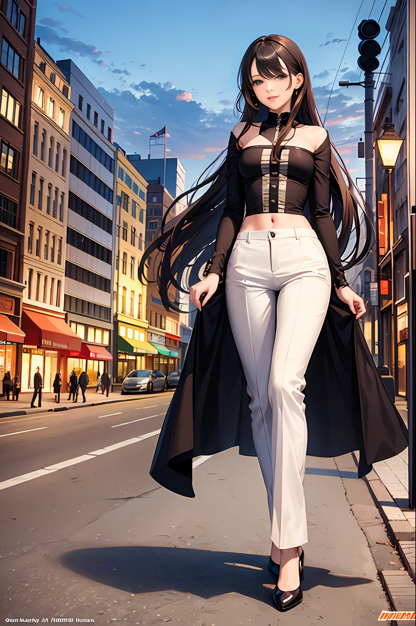 (Masterpiece, Top Quality, Best Quality, Official Art, Beautiful and Aesthetic:1.2), City, Street Light, Full Body, Colorful, Slender, 1 Girl, Long Pants, Big Smile, Gentle Pose, Straight Long Hair, Princess Cut, Brown Hair, Brown Eyes, Dynamic Lighting, High Resolution, Sharp Focus, Small Breasts, Illustration, Super Detailed Face, Best Quality Face, Complex Detailed Costume