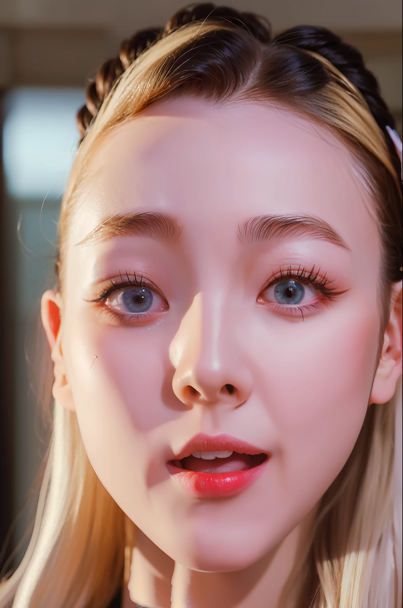 (8k, 4k, best quality, highres, ultra high res:1.1), (masterpiece, realistic, photo-realistic:1.1), 1girl, face, close-up, twintails, blonde hair, black eyes, red lips, (looking在观众：2），裸照
