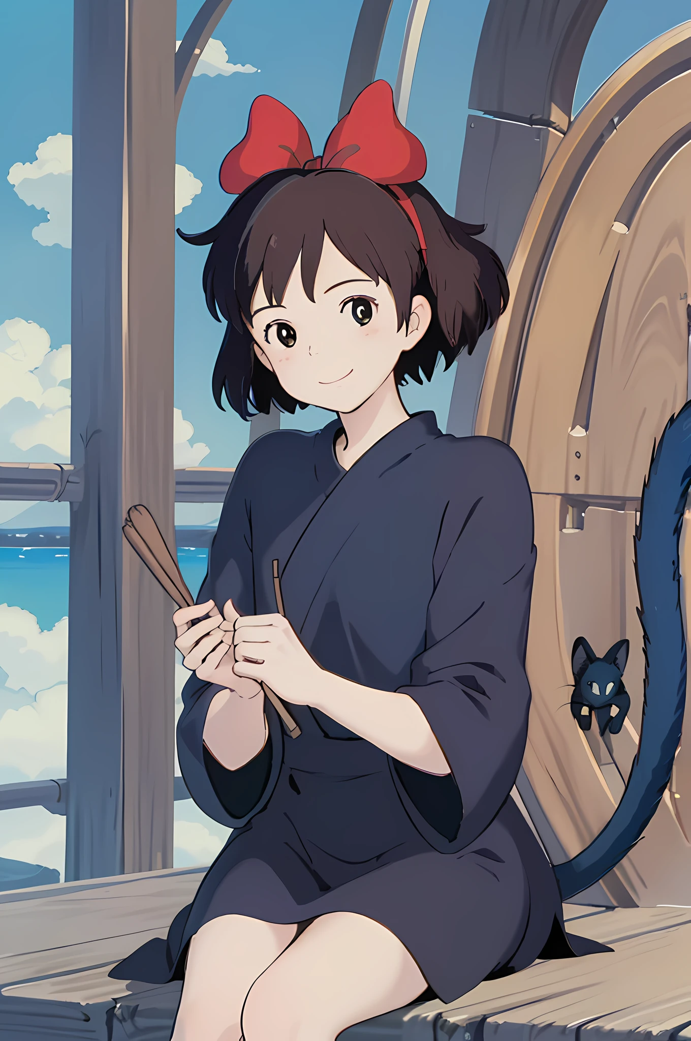 (masterpiece, best quality;1.3),ultra detailed,1girl,solo,feenagrandia,looking at viewer,smile,
kiki,black robe,red hair bow,blue sky,black cat,jiji,