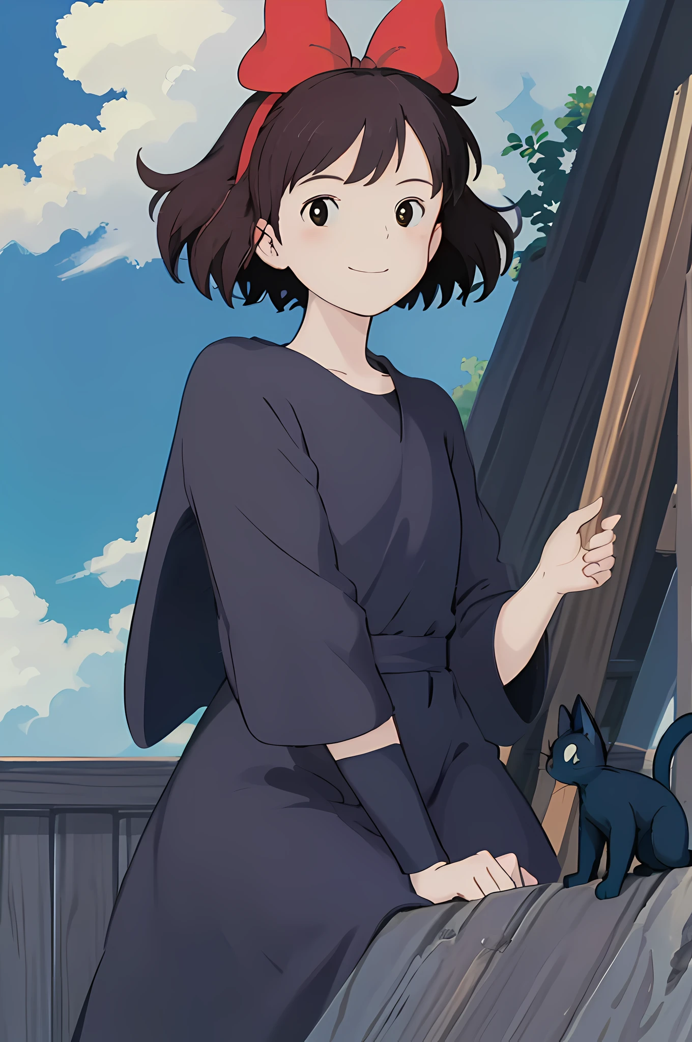 (masterpiece, best quality;1.3),ultra detailed,1girl,solo,feenagrandia,looking at viewer,smile,
kiki,black robe,red hair bow,blue sky,black cat,jiji,