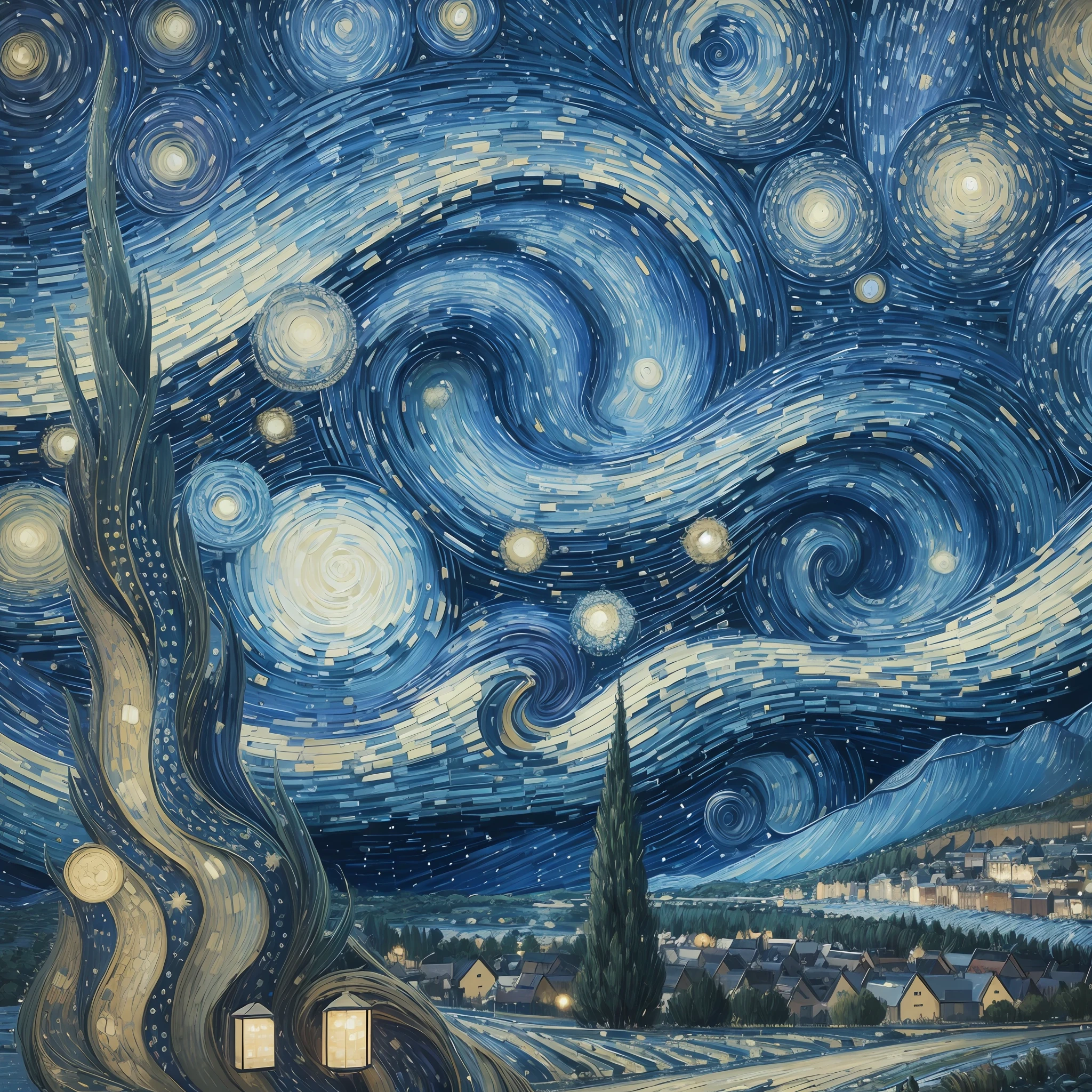 ultra HD, high definition, 4k, starry night, van Gogh, futuristic painting --auto --s2