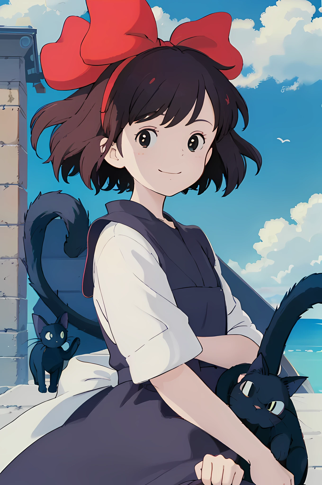 (masterpiece, best quality;1.3),ultra detailed,1girl,solo,feenagrandia,looking at viewer,smile,
kiki,black robe,red hair bow,blue sky,black cat,jiji,