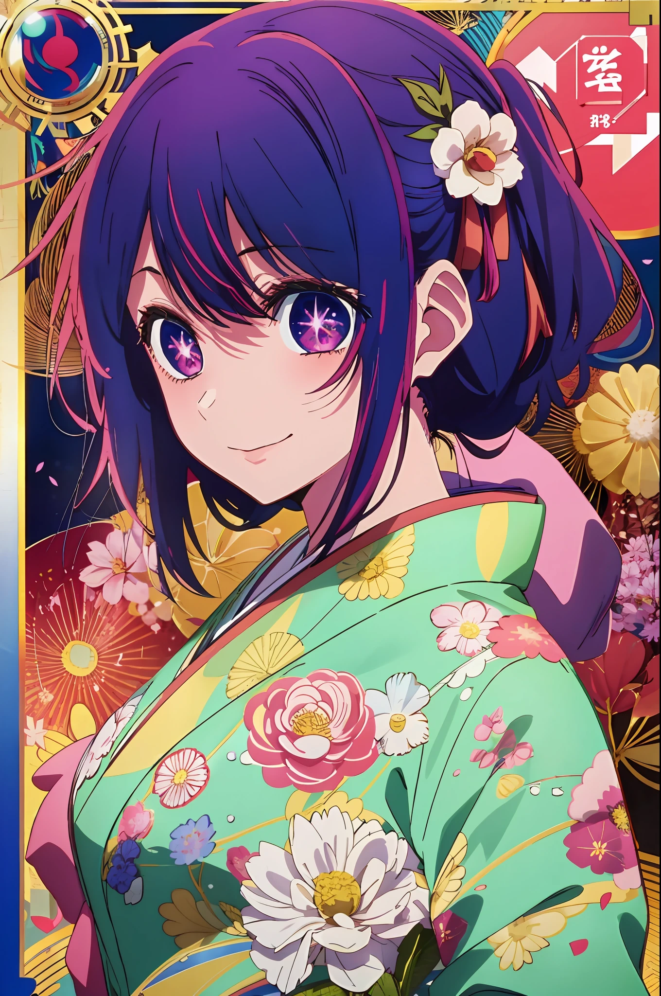 best quality, masterpiece, 2d, masterpiece, best quality, anime, highly detailed, cowboy shot, 1girl, solo, looking at viewer, smile, bangs, Star symbol-shaped pupils, heart-shaped pupils, medium breast, purple hair, purple eyes,purple Star symbol-shaped pupils, heart-shaped pupils,happy new year card with a girl in a kimono, happy!!!, anime cover, seasons!! : 🌸 ☀ 🍂 ❄, 2 0 2 2 anime style, 2022 anime style, けもの, anime visual of a cute girl, inspired by Eizan Kikukawa, haruno sakura, hanayamata, in style of kyoto animation