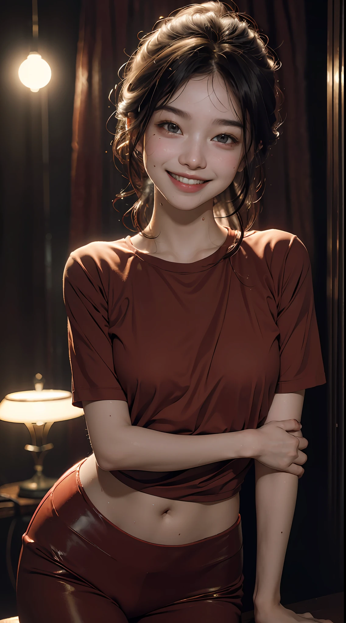 Top quality, masterpiece, ultra high definition, (Reality: 1.4), Original photo, 1Girl, cinematic lighting, smile, bright, photo-like, sweaty, face red, pose to take photo