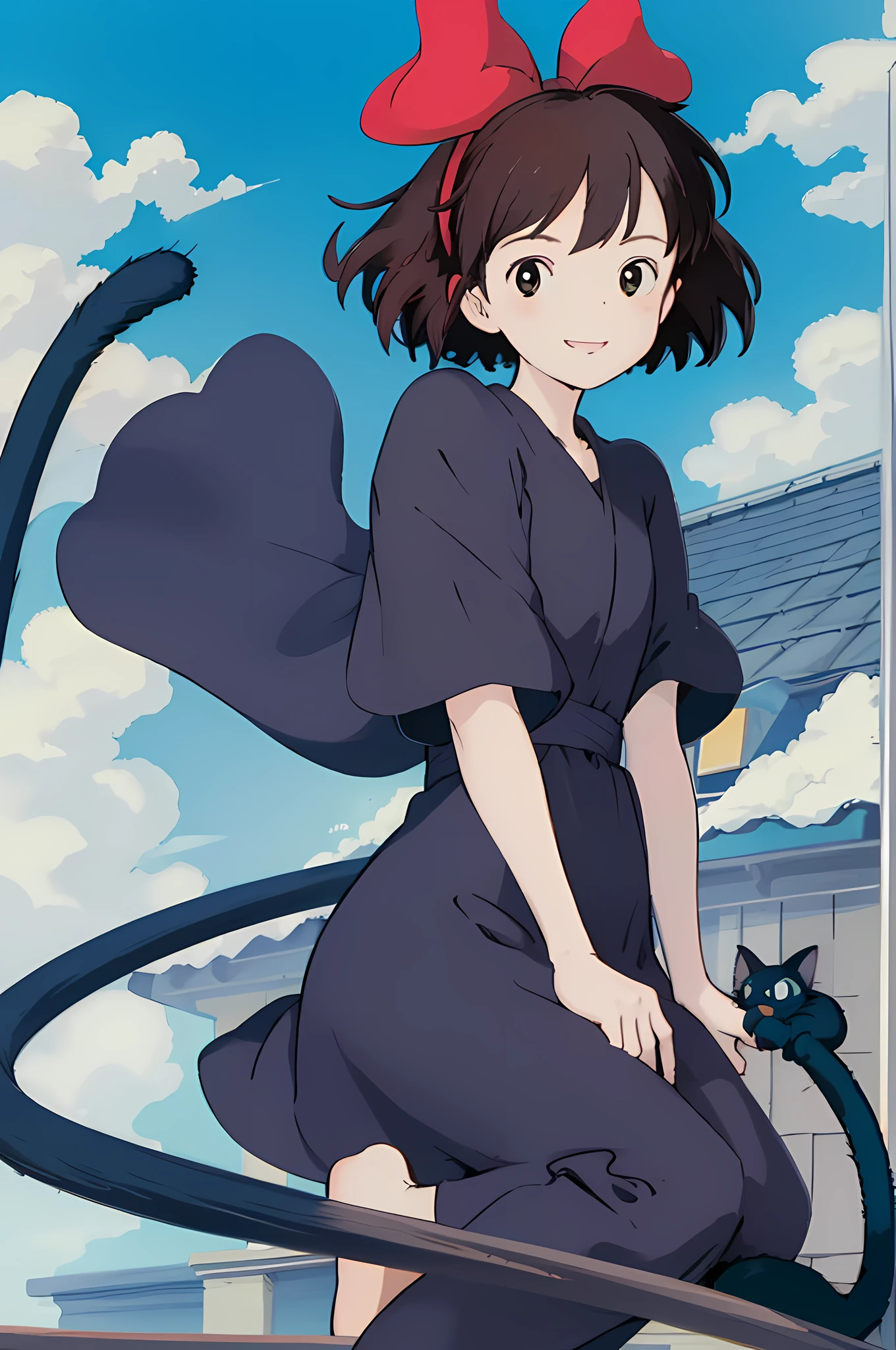 (masterpiece, best quality;1.3),ultra detailed,1girl,solo,feenagrandia,looking at viewer,smile,
kiki,black robe,red hair bow,blue sky,black cat,jiji,