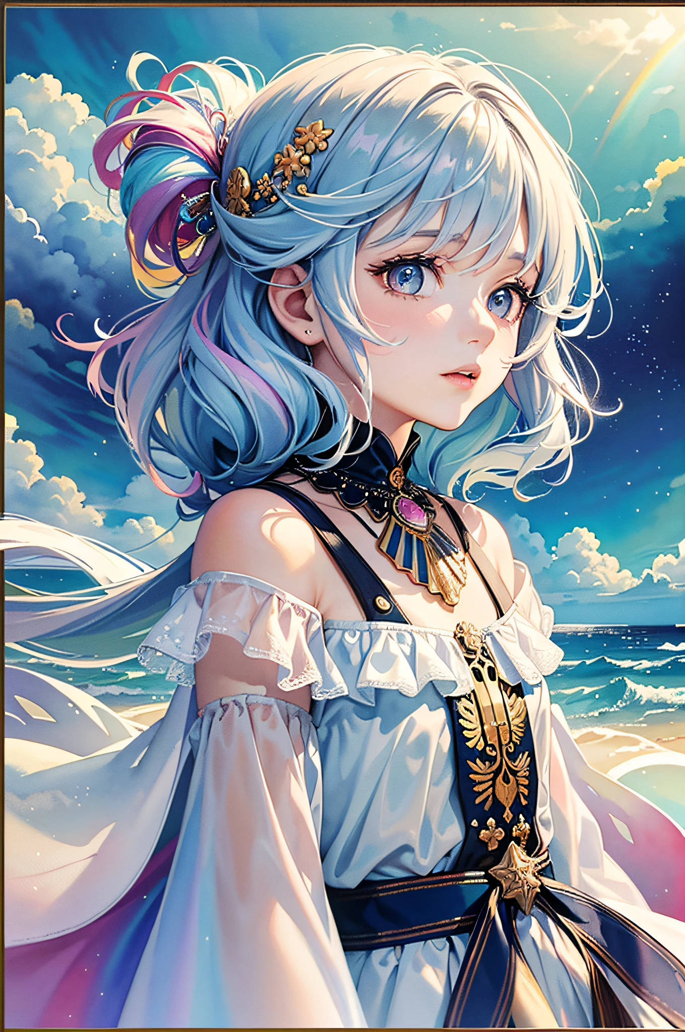 (Masterpiece, Top Quality, Best Quality, Watercolor (Medium), Official Art, Beauty and Aesthetics: 1.2), (1girl: 1.3), (Fractal Art: 1.3), Looking at the Viewer, Pattern, In the Sea, White Skirt, (Rainbow Hair, Colored Hair), Bubbles, Wet Hair, Sea,