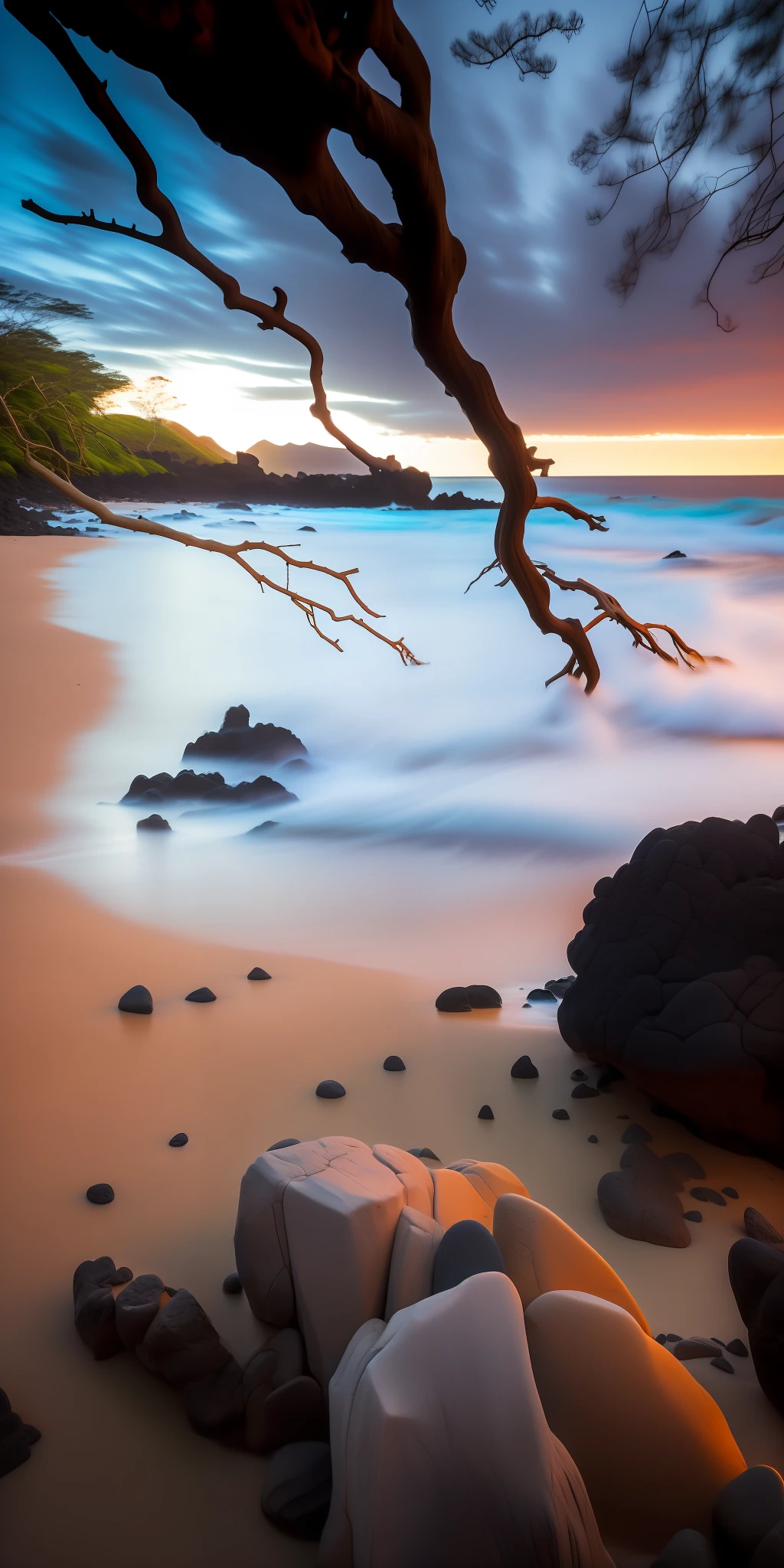 trees and rocks on the beach with a sunset in the background, maui, hawaii beach, breath taking, morning glow, by Alexander Robertson, breathtaking composition, mystical setting, magical scene, soft glow, magical beach, warm glow, breathtaking shot, winding branches, golden hour”, long exposure photography, big island, by Alexander Scott, mana flowing around it, dreamy scene