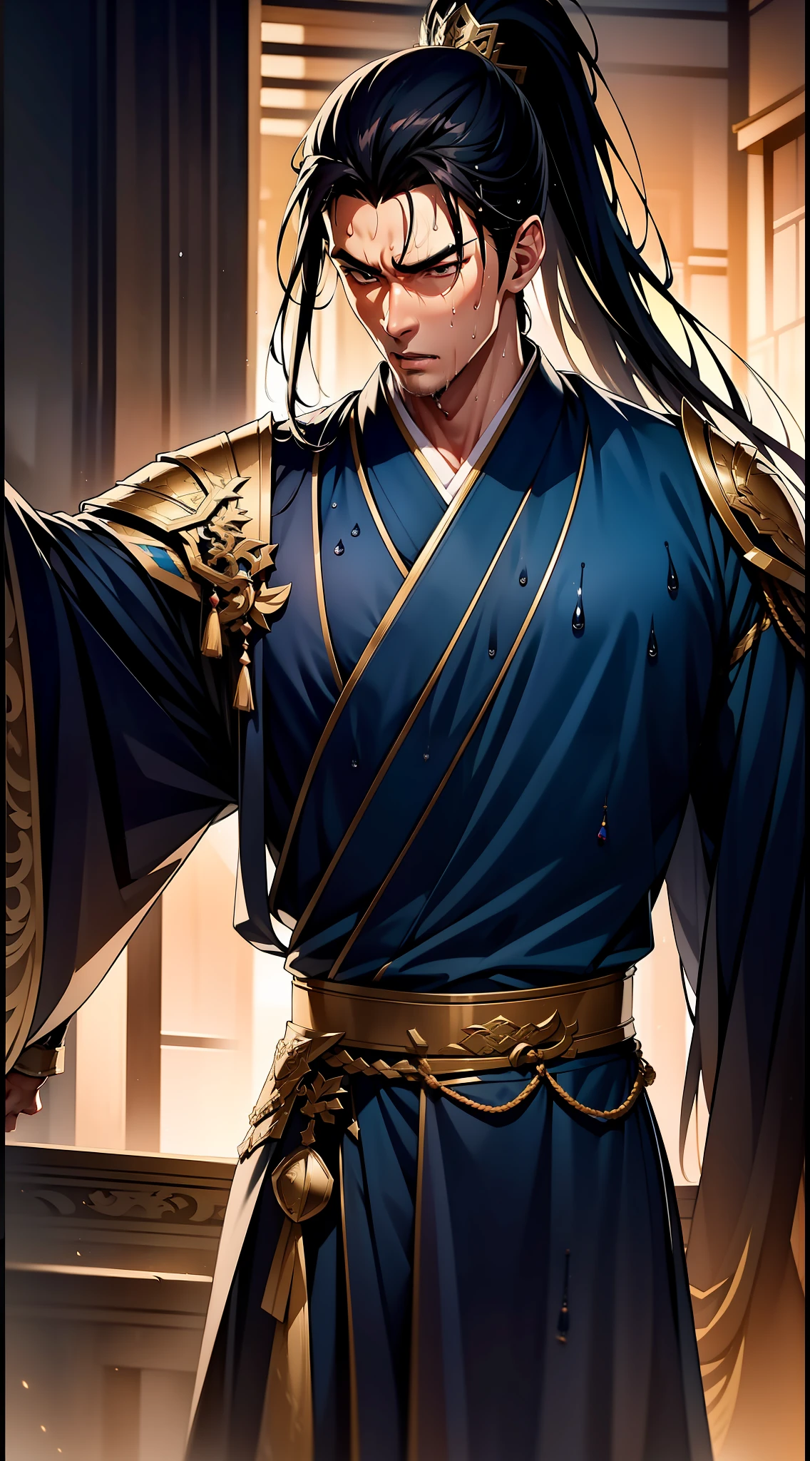 Two-dimensional, anime style, man (male warrior), muscle, correct proportions, face details, martial arts, high ponytail hairstyle, sweating, sweaty face, drooling, neck details, with Adam's apple, wet, wet, Hanfu costume, long robe, embroidered robe, dragon robe, clothing details, collar, long sleeves, game quality, swordsman demeanor, light and shadow tracing, ray tracing, detail glow, CG rendering, hair details, long black hair, golden eyes, sweaty face, handsome, handsome, sweat beads slipping down the neck, (juvenile feeling), complex clothing, wet, wet, perfect composition, refinement, high quality, more details, a lot of details, complex background, atmosphere,