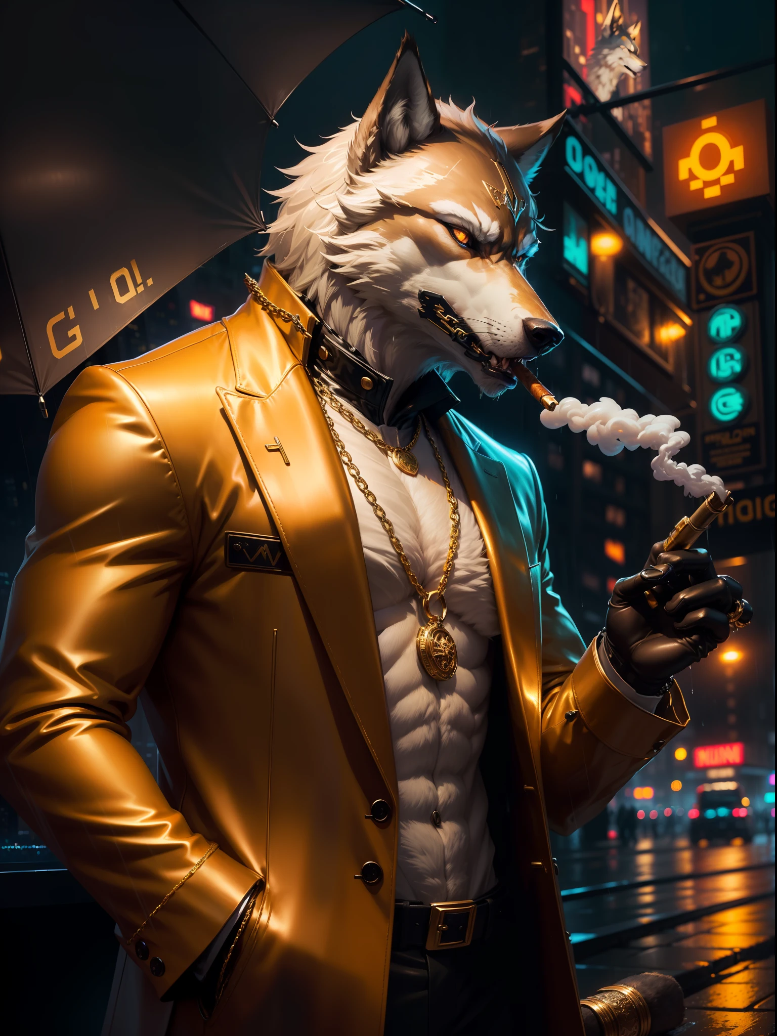 ((realistic)), ((detailed)), illustration, scene perspective (urban setting), character appearance (wolf-headed and humanoid body wearing a sleek overcoat, gold chains, and rings while smoking a cigar amidst a rainy night with an imposing air), background elements (wet streets reflecting the city lights, neon signs and buildings in the background). --auto --s2