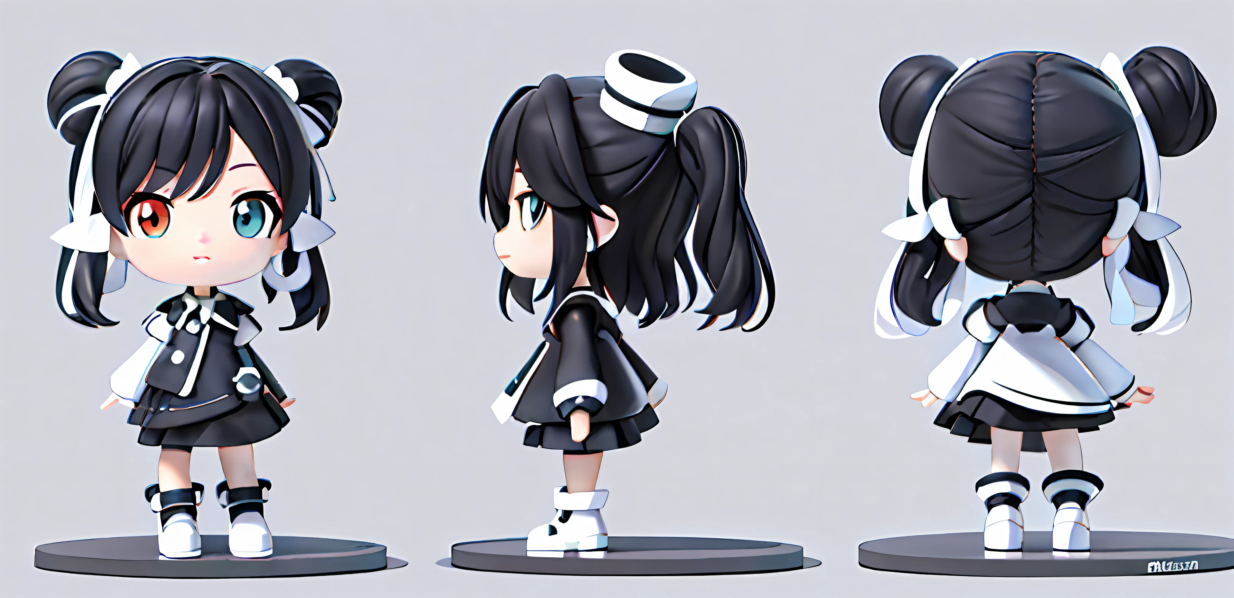 3D effect, hair is black, clothes are also black, the first is front, the 2nd is the side, the 3rd is the back, simple background, proportional coordination, 3D rendering, Same character, front, side, back, full body, multiple views, a set of three cartoon girls, with the same hairstyle, the same color of the hair, very thin edge lines, no white edges, proportional coordination, anatomical structure, Same eye color, eyeballs are black, have features of 3D rendering, light and shadow, simple line art, cel - shadow art style, cartoon girl, clean anime silhouette, stylized lines, character pose, thick line art, character painting, clean line art, line art!!, stylized character design, line art, flat anime style shadow, variable line art