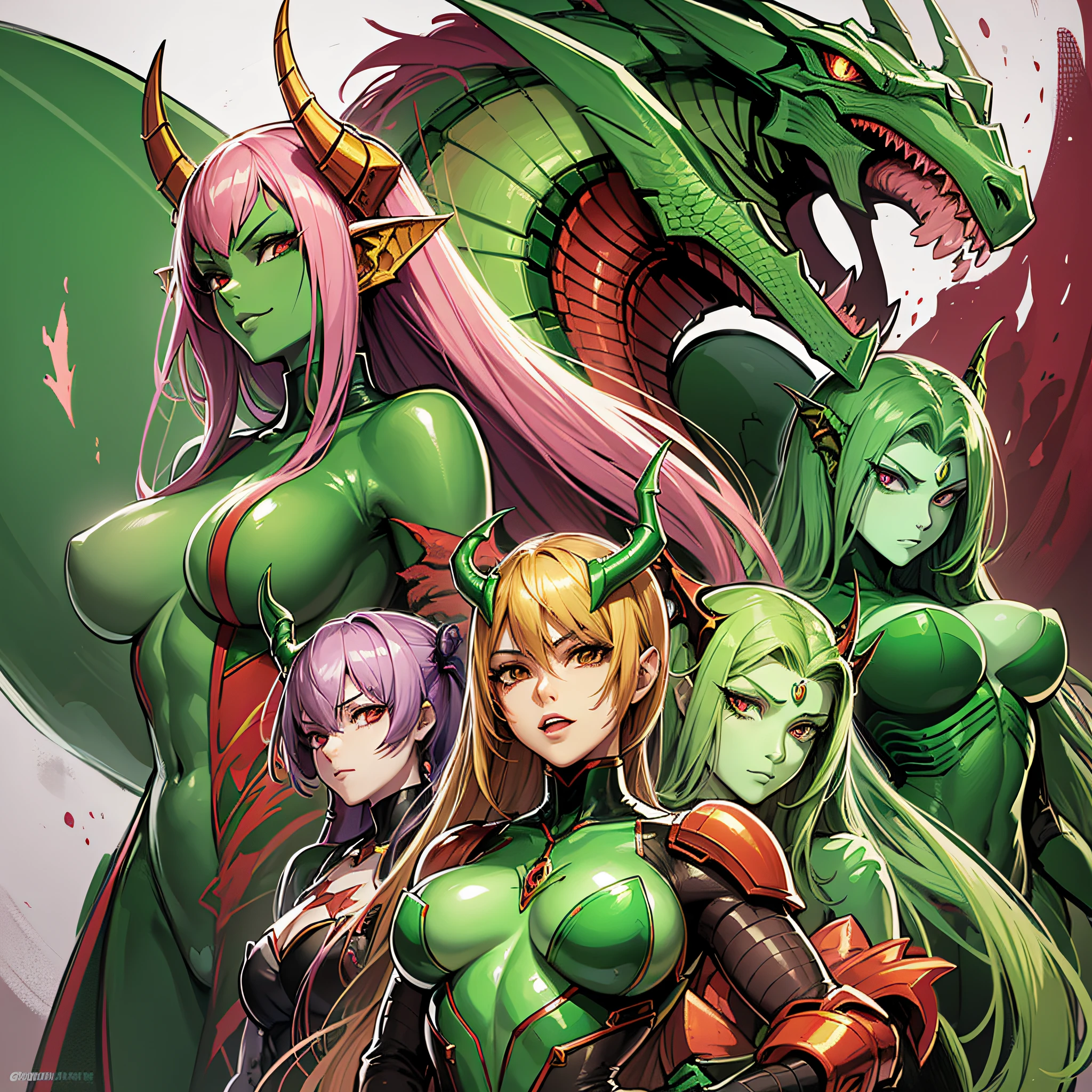 Cartoon pictures of women in green and red costumes, hot reptile humanoid women, snake female hybrids, lamia, guyver style, SFW version, scarabele ploids, sleek mecha female dragon head, robot mecha female dragon head, Naga, cel shade ado adult animation, alien queen, serpentine pose, --auto --s2