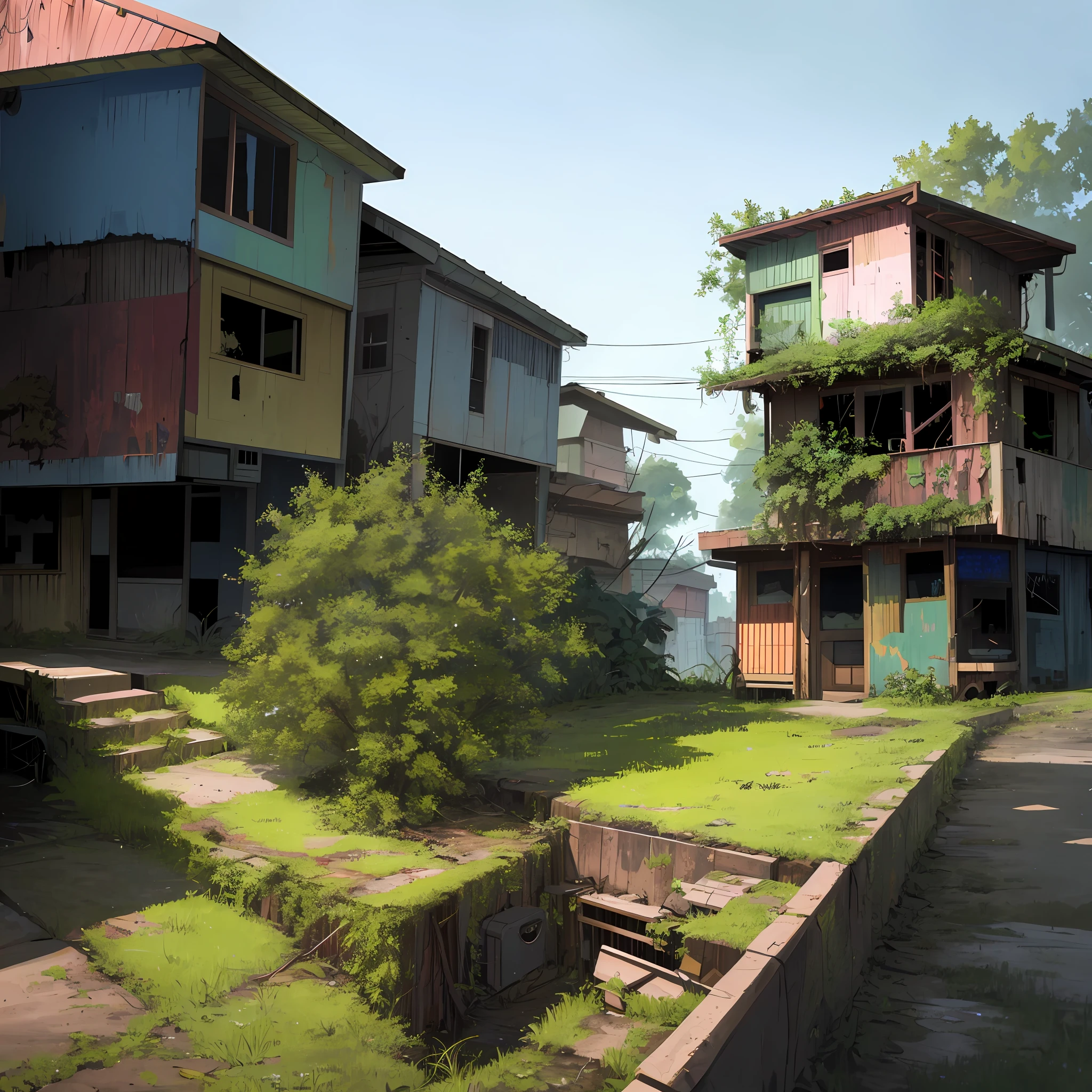 small_town, usa, suburbia, vibrant, colorful, overgrown, (post_apocalyptic:0.8), reclaimed_by_nature, verdant, idyllic, sublime, absurdres, hyper-realism, textured, maximum_detail, dslr