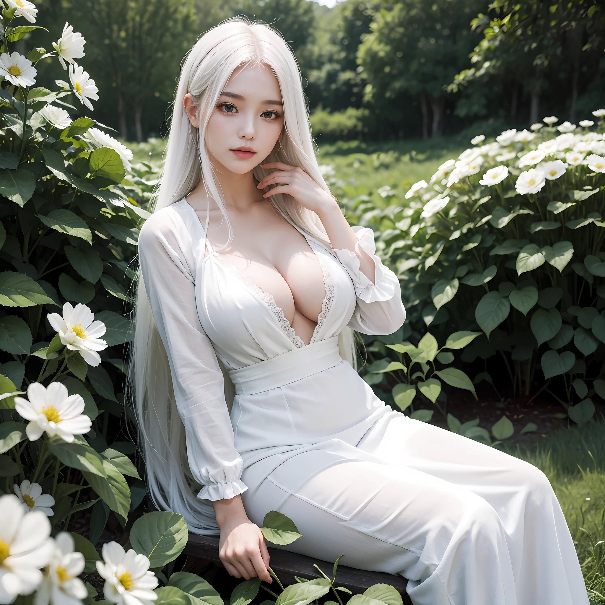 (masterpiece, best quality),1girl with long white hair sitting in a field of green plants and flowers, her hand under her chin, warm lighting, black hair, white dress, blurry foreground, large breast, plump boobs --s2