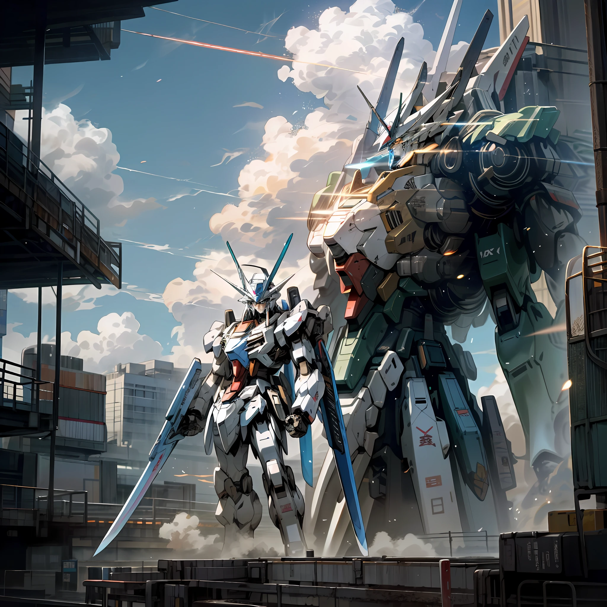 sky, cloud, holding_weapon, no_humans, glowing, giant mech, camera gaze, gundam, (Japan sword), dual-wielding, giant robot, Japan, building, glowing_eyes, mecha, science fiction, Japan, city, reality, mecha, combat, laser,