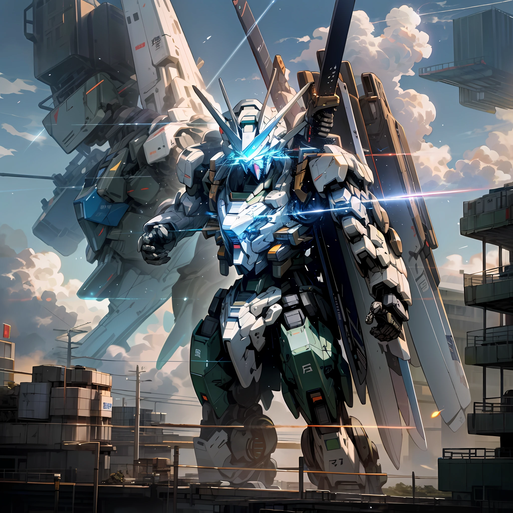 sky, cloud, holding_weapon, no_humans, glowing, giant mech, camera gaze, gundam, (Japan sword), dual-wielding, giant robot, Japan, building, glowing_eyes, mecha, science fiction, Japan, city, reality, mecha, combat, laser,