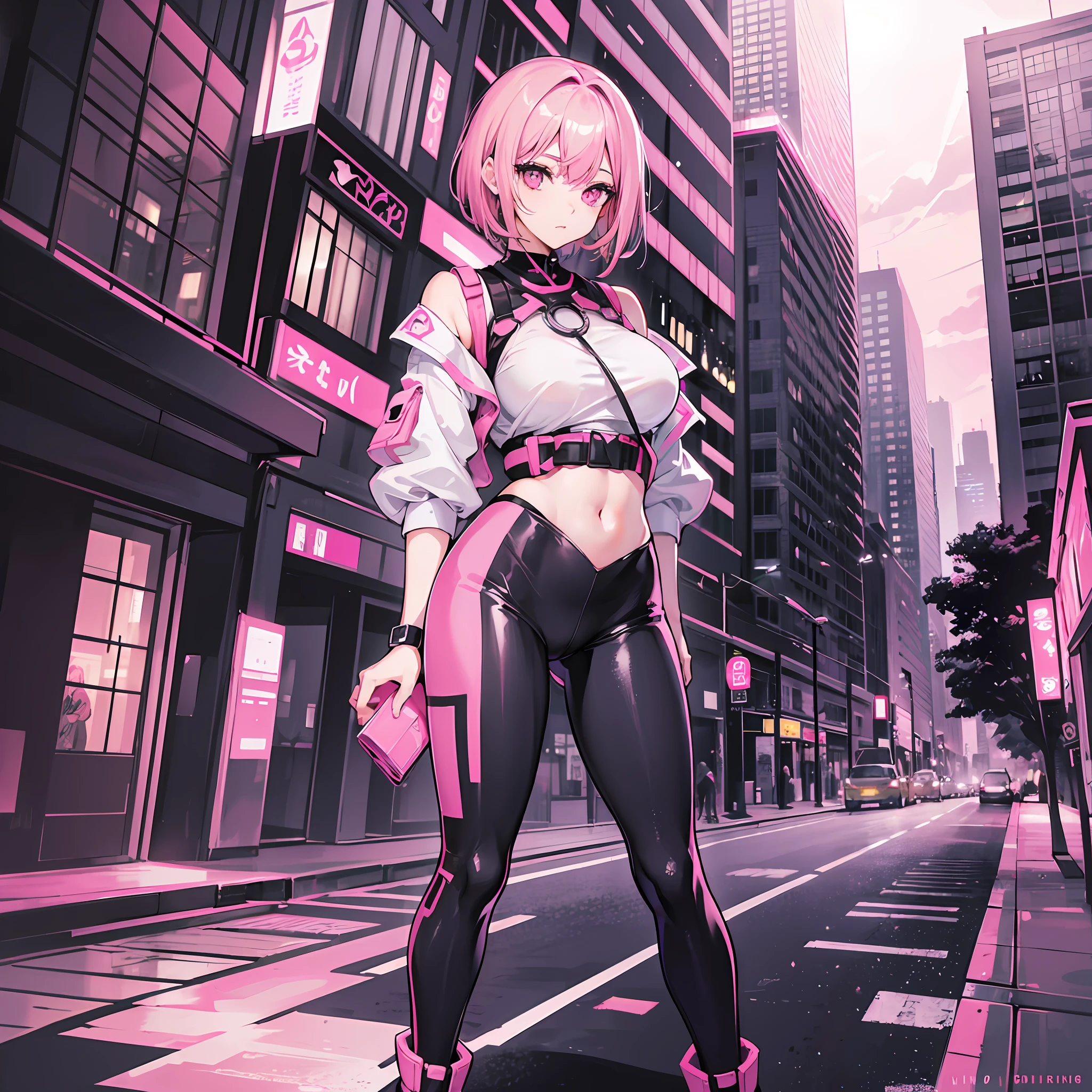 A woman, ((pink hair)), pink eyes, top and leggings, adult body, straight short hair, city in the background, seraphine