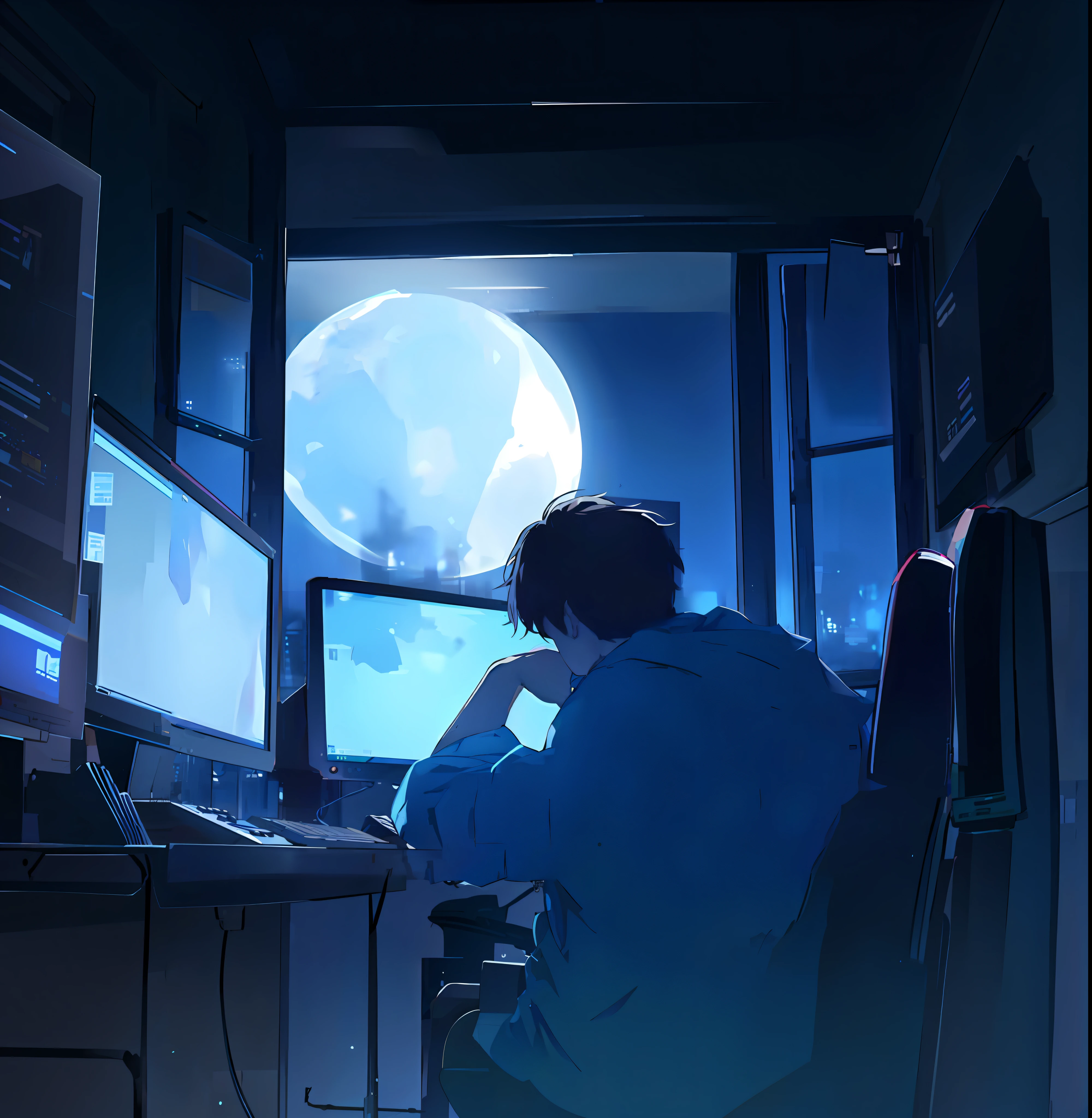 anime boy sitting at desk with computer and monitor in front of window, anime aesthetic, makoto shinkai. —h 2160, makoto shinkai!, nightcore, makoto shinkai style, makoto shinkai!!, ( ( makoto shinkai ) ), 4k anime wallpaper, anime asthetic, style of makoto shinkai