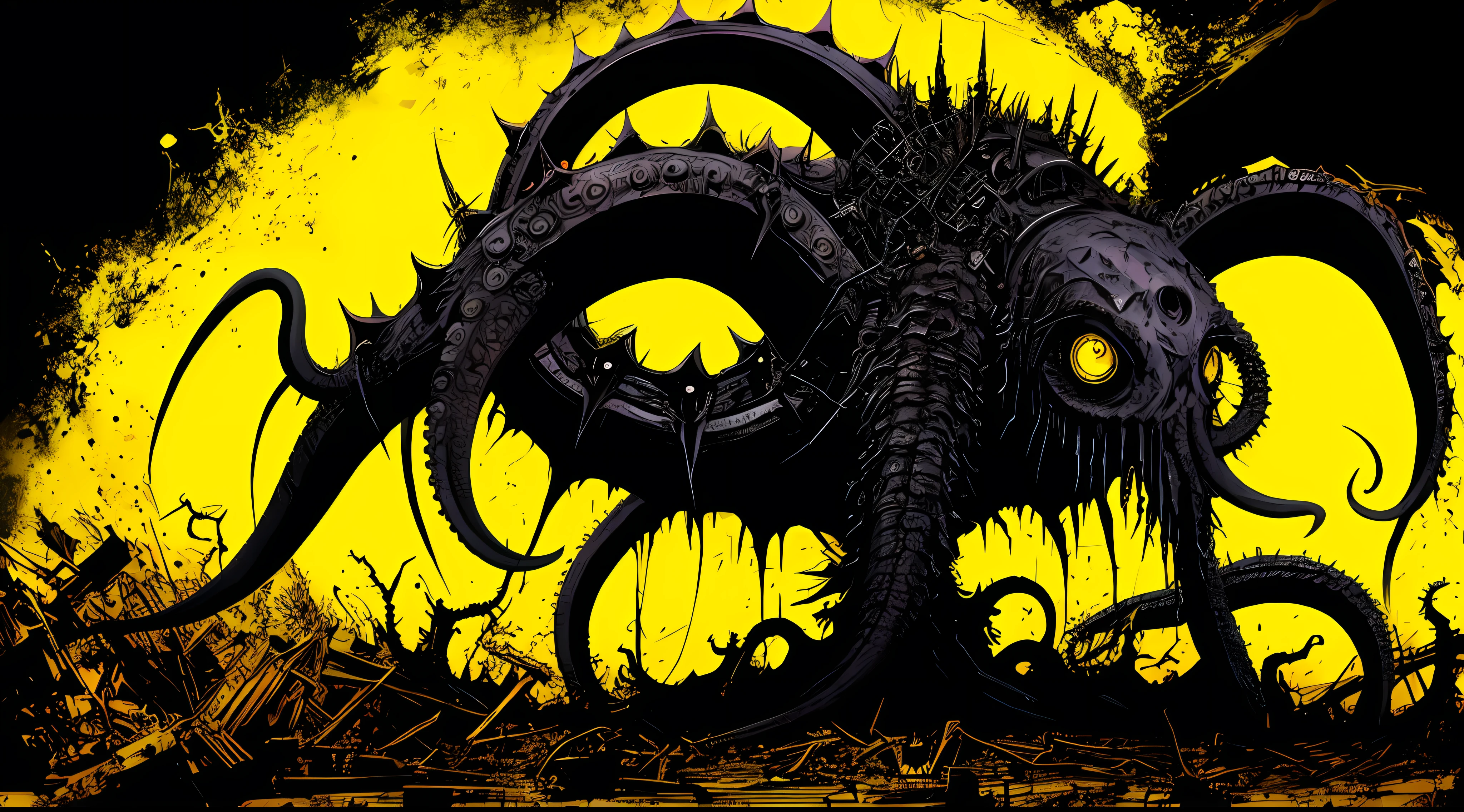 a giant evil deformed monstrous creature with tentacles, in the style of Mork Borg, strong contrast, grunge dirty punk splash art, zine black metal, yellow and black medieval background