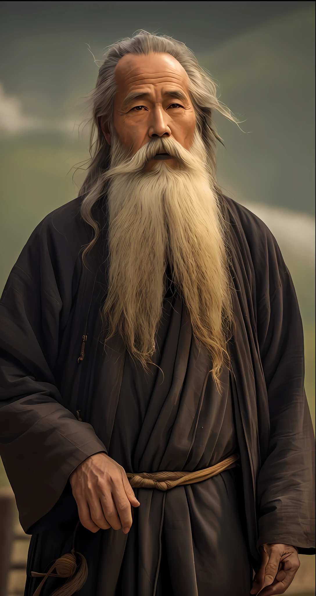 arafed man with long white beard and a long beard, taoist priest, very long white beard and hair, ancient japanese monk, portrait of monk, inspired by Wu Daozi, ukrainian monk, long grey beard, old jedi master, taoist master, long beard, monk clothes, flowing hair and long robes, holy man looking at ground, monk's robe