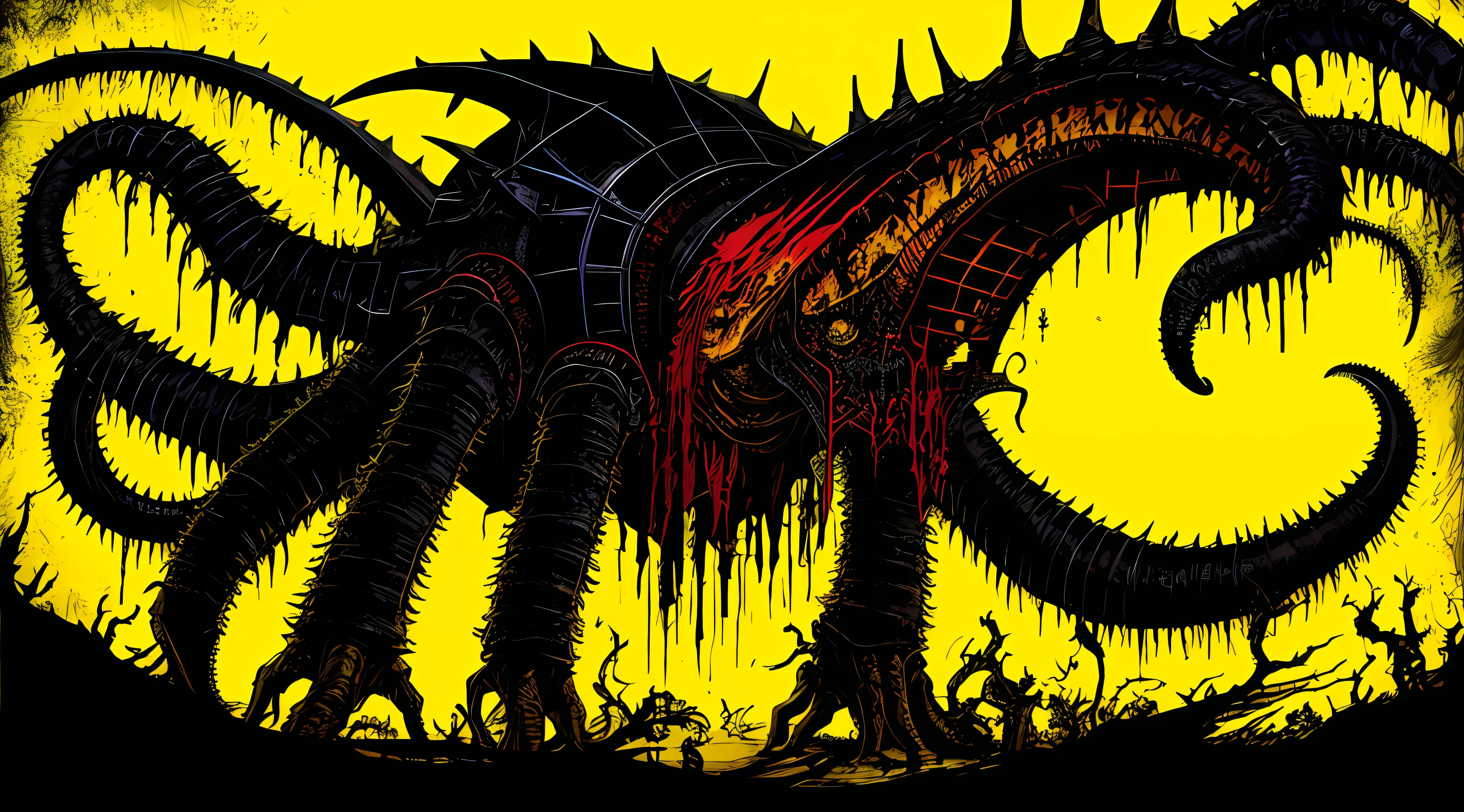 a giant evil deformed monstrous creature with tentacles, in the style of Mork Borg, strong contrast, grunge dirty punk splash art, zine black metal, yellow and black medieval background