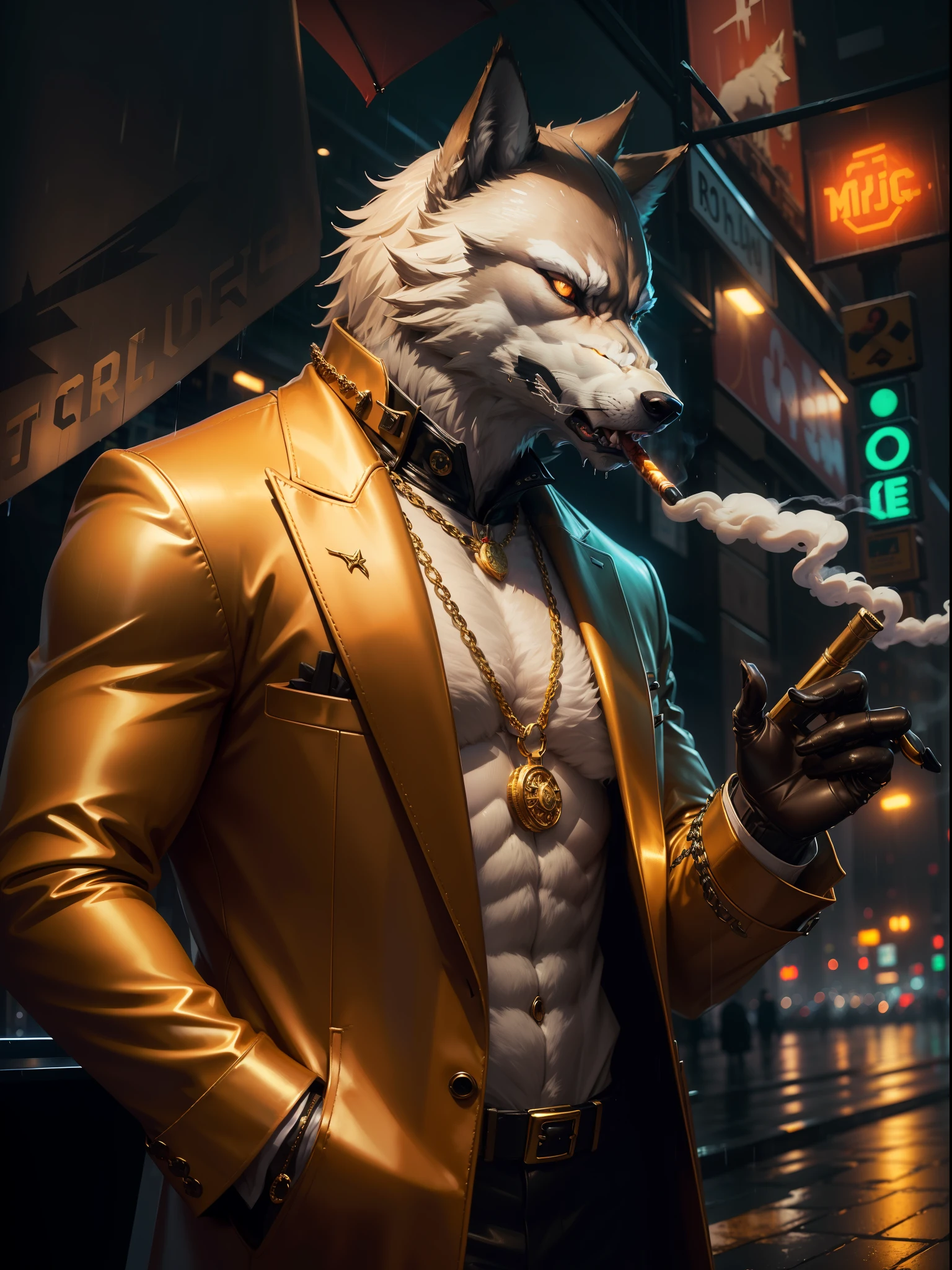 ((realistic)), ((detailed)), illustration, scene perspective (urban setting), character appearance (wolf-headed and humanoid body wearing a sleek overcoat, gold chains, and rings while smoking a cigar amidst a rainy night with an imposing air), background elements (wet streets reflecting the city lights, neon signs and buildings in the background). --auto --s2
