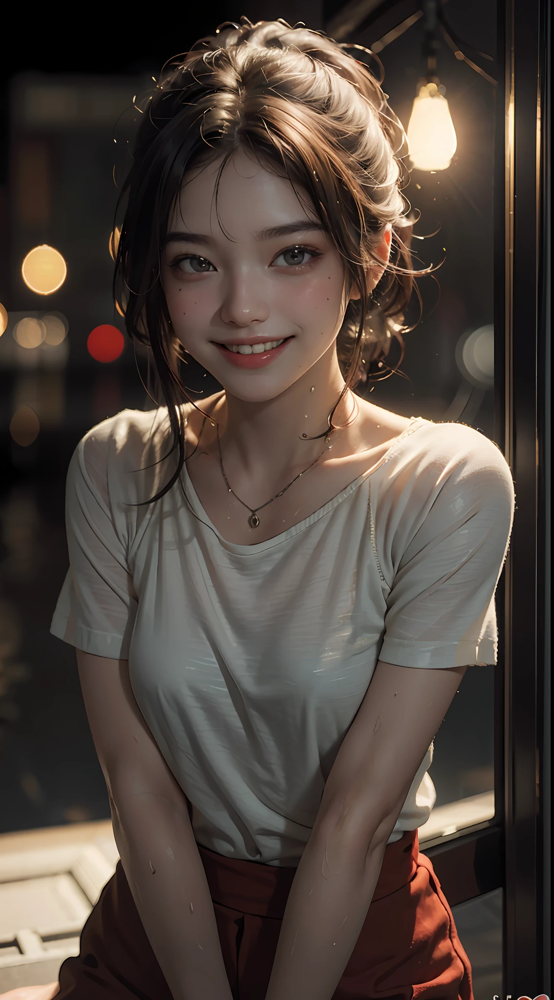 Top quality, masterpiece, ultra high definition, (Reality: 1.4), Original photo, 1Girl, cinematic lighting, smile, bright, photo-like, sweaty, face red, pose to take photo