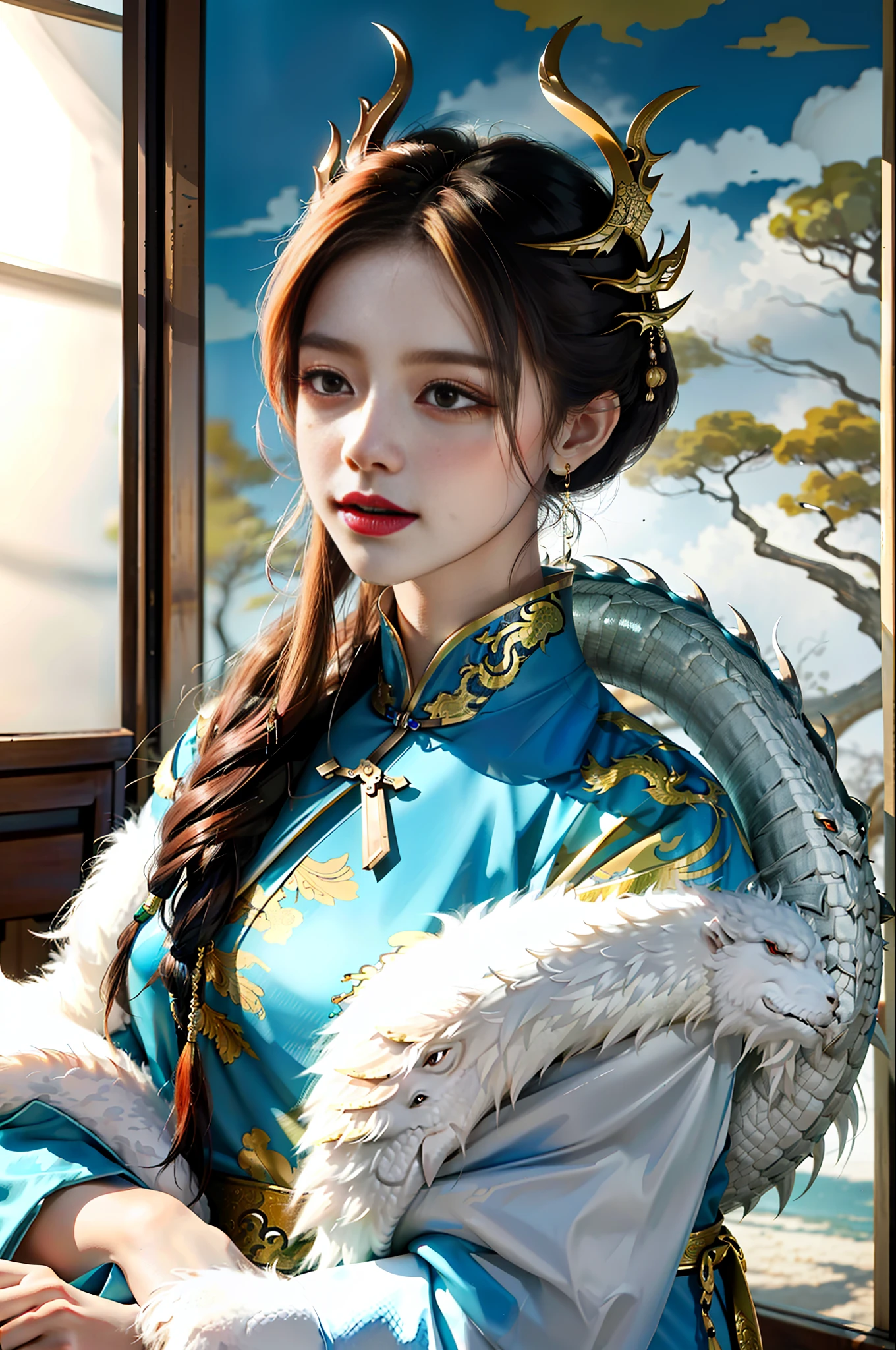 masterpiece, best quality, making friends with the Chinese dragon, fun, happy, bright, loong,