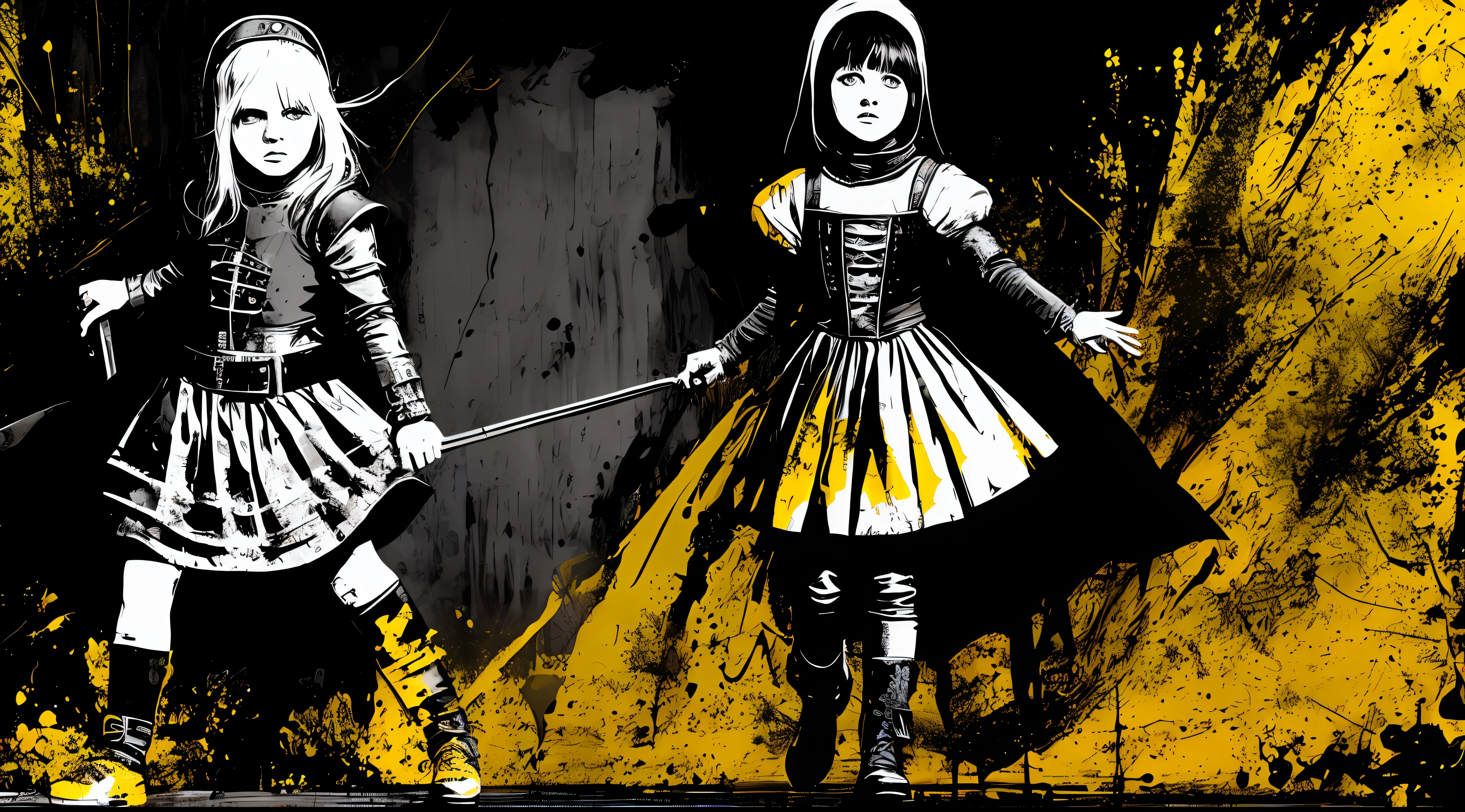 (a full body medieval little girl, solo, black and white), in the style of Mork Borg, strong contrast, grunge dirty punk splash art, zine black metal, yellow and black medieval background
