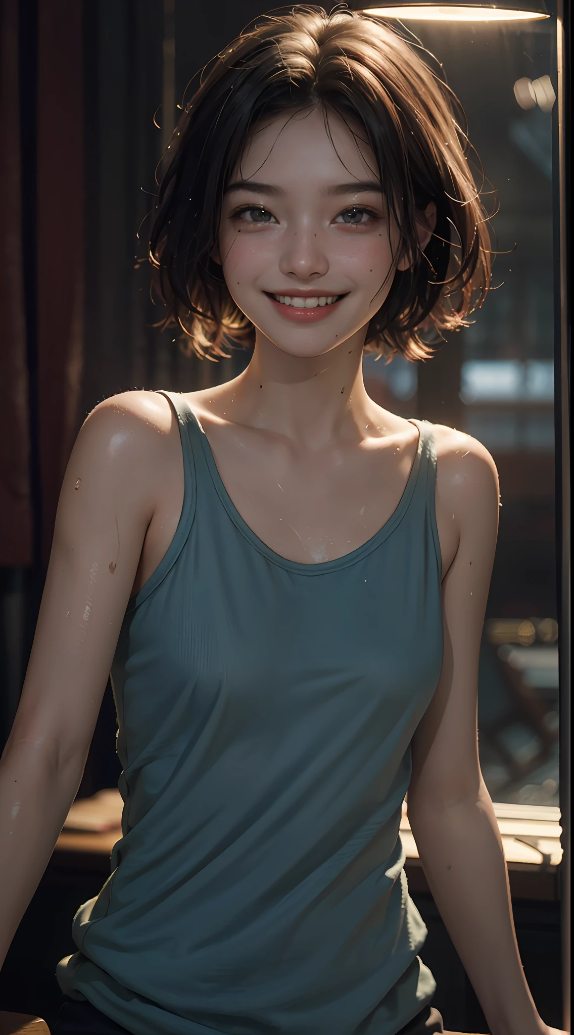 Top quality, masterpiece, ultra high definition, (Reality: 1.4), Original photo, 1Girl, cinematic lighting, smile, bright, photo-like, sweaty, face red, pose to take photo
