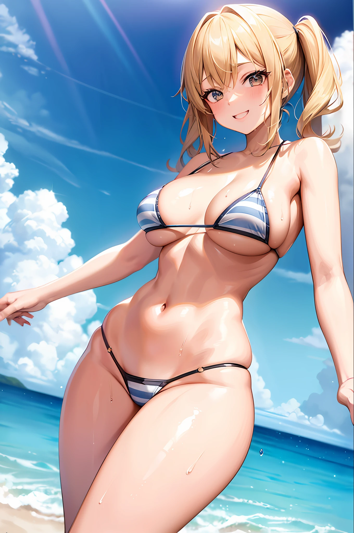 One girl, striped micro bikini, young, cute, beautiful girl, blonde twintails, huge breasts, emphasizing cleavage, slouching, wet body, perfect body, smile, seaside, best image quality, highest quality, super high resolution, masterpiece,