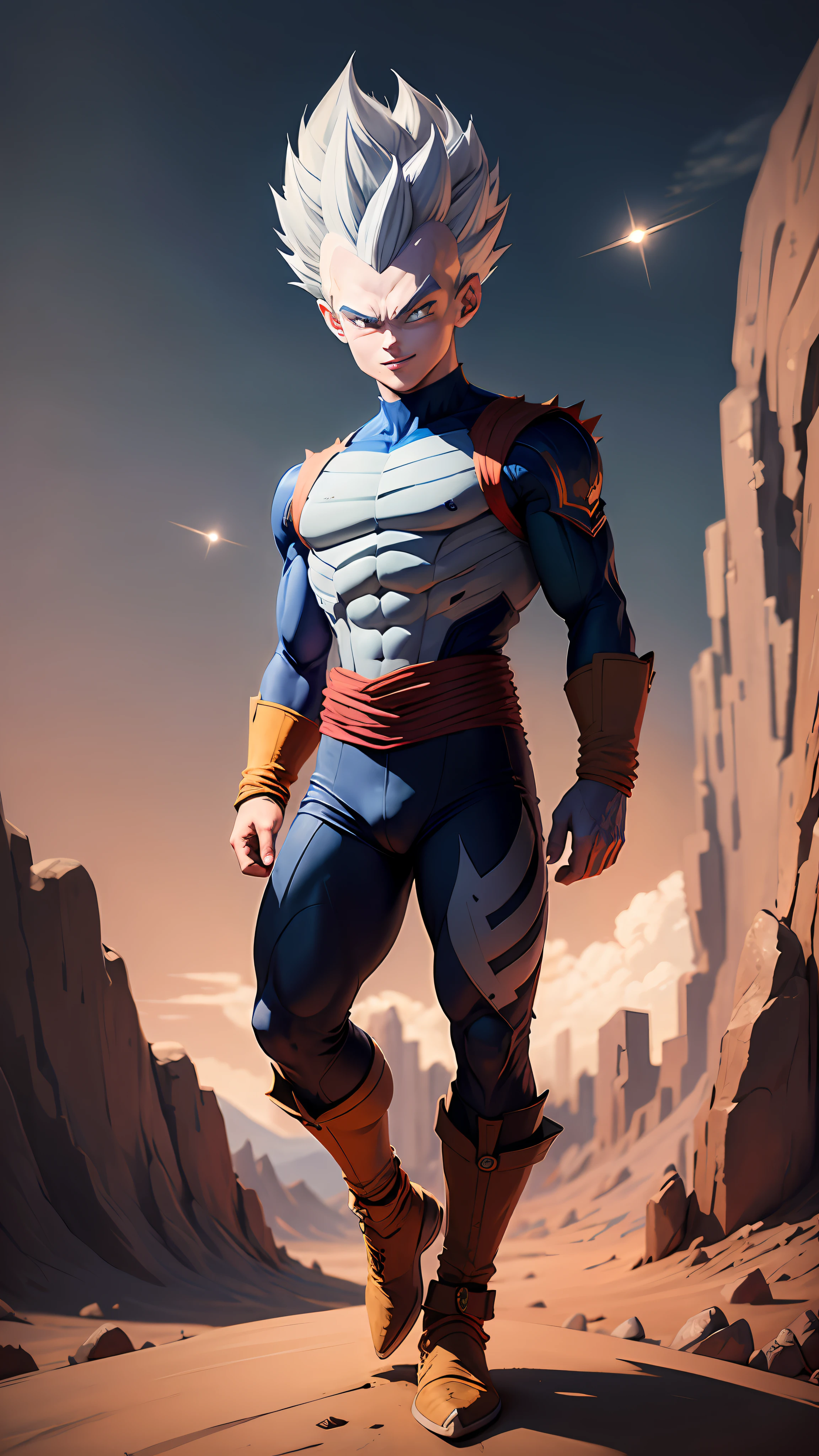 masterpiece, best quality, ultra-detailed, adult Vegeta 1boy, solo, super sayagin 5, full body, evil smile, gray hair, spiky hair, red eyes, dougi, full body, looking at the viewer, male focus, earth \(planet\), planet, space, cracked soil and rocks rising, rubble rising,