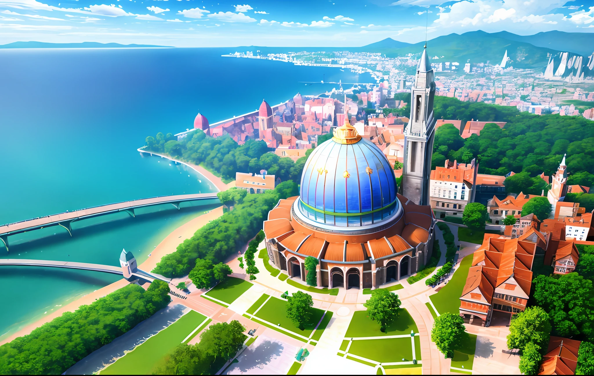 best quality, ultra-detailed CG unity 8k wallpaper of a serene and bustling lakeside town, characterized by the town square, the sprawling crowd of people and the great lake, featuring dynamic angles, a vivid and realistic depiction of the town and the surrounding scenery, emphasizing on vivid color and intricate details.